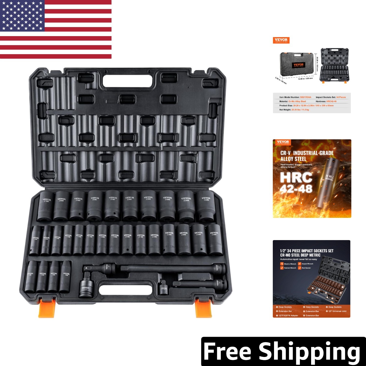 Professional 34-Piece Cr-MO 1/2″ Drive Impact Socket Set with Easy Markings
