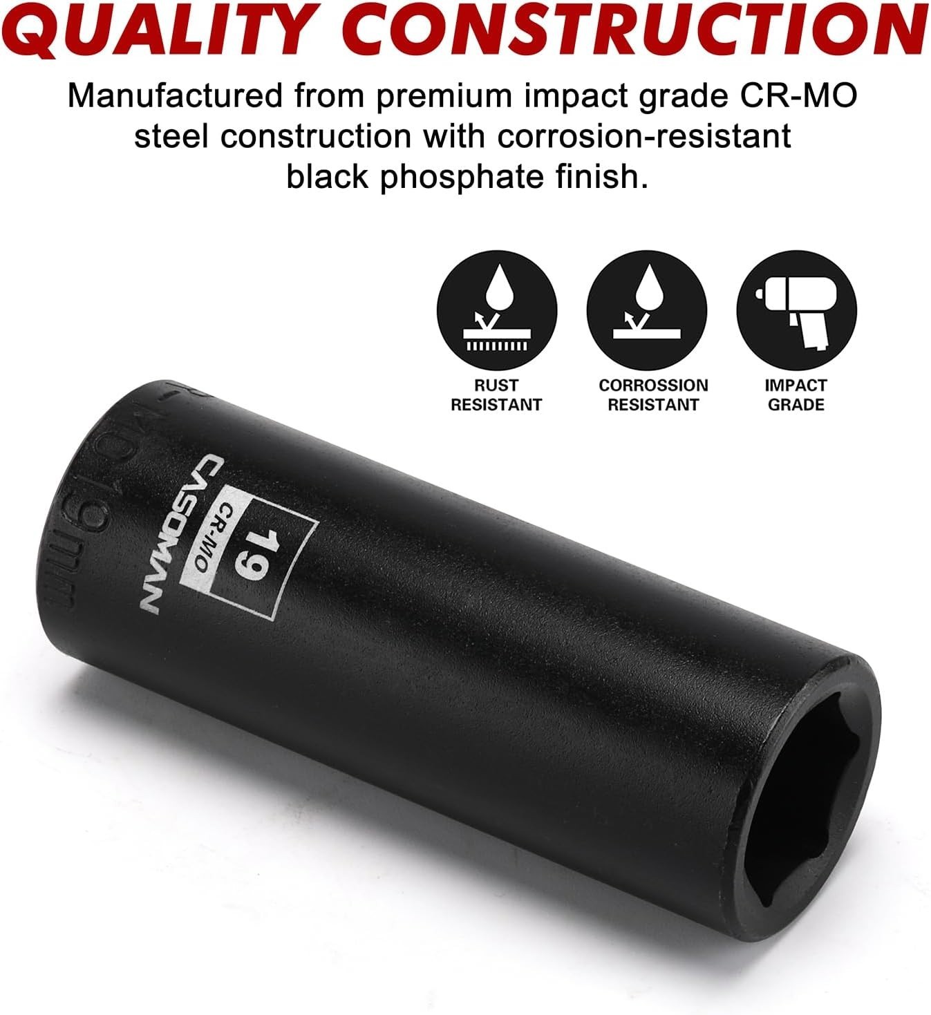 19mm Deep 6-Point Impact Socket – 1/2-Inch Drive, Corrosion-Resistant Finish