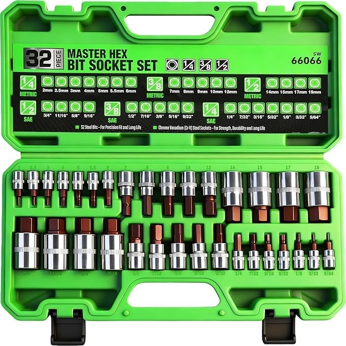 32 Piece Hex Bit Socket Set,SAE and Metric, 1/4», 3/8′, 1/2» Drive Socket Set,