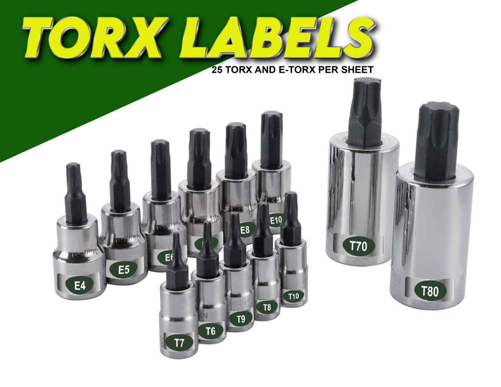 Economy Master Set 170 Chrome Foil Socket Labels – Metric – SAE Torx – 2 Sheets
