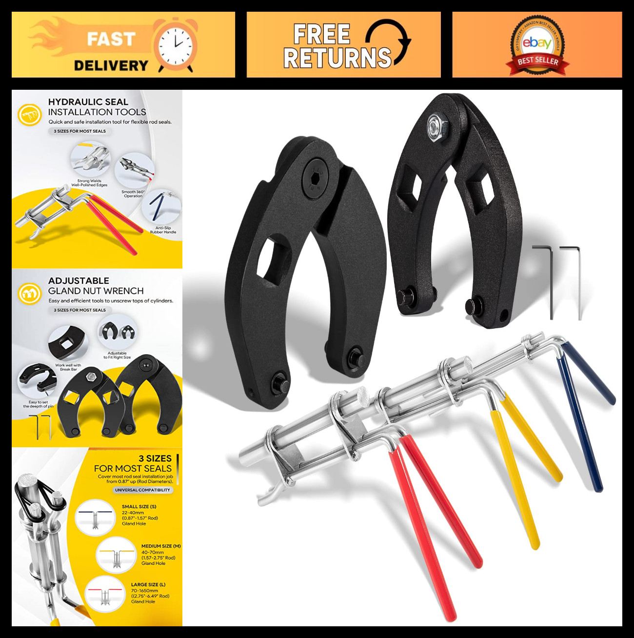 3 Pack Hydraulic Seal Installer Tools, Adjustable Gland Nut & Universal Wrench S