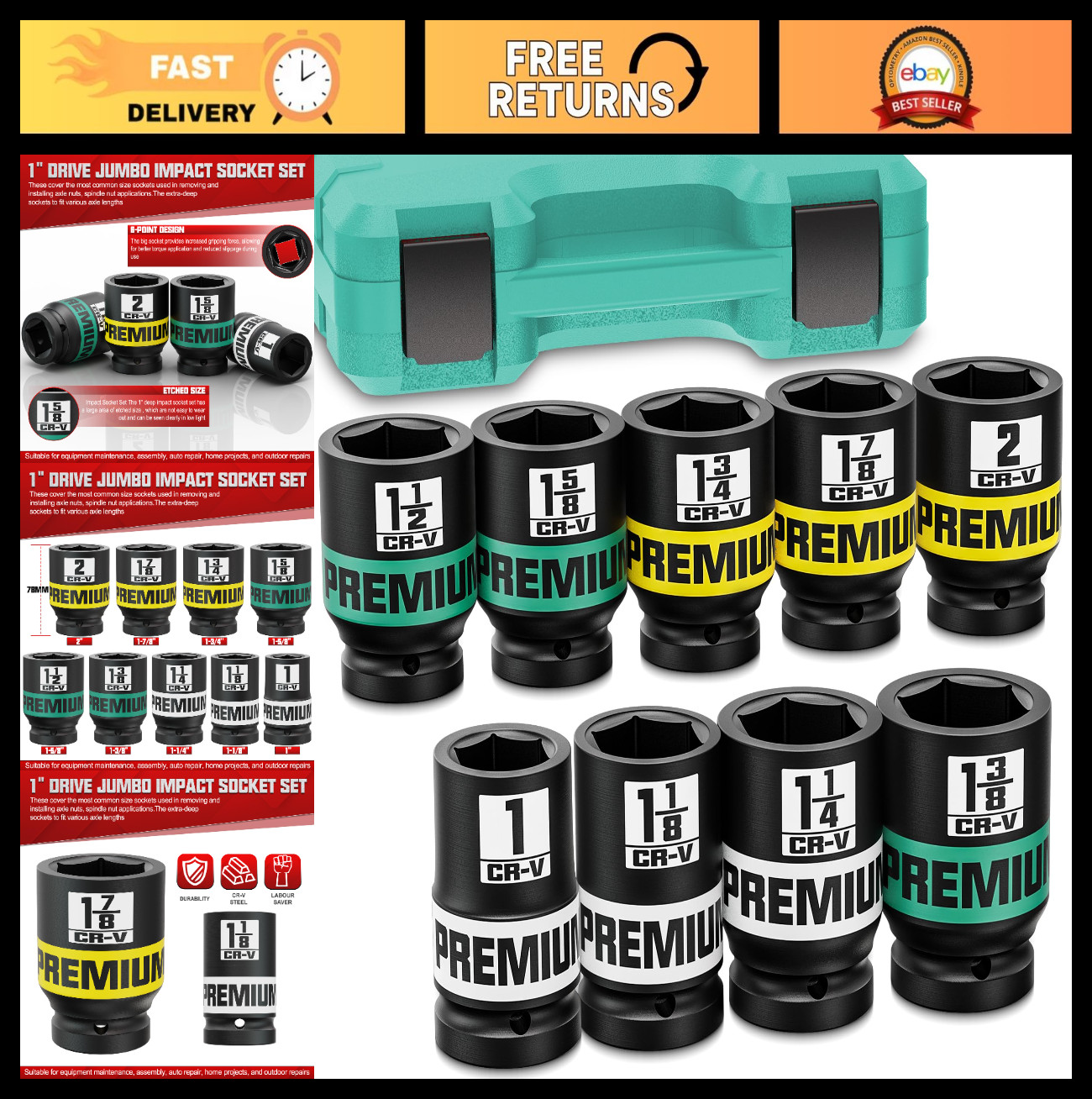 9-Piece 1″ Drive Jumbo Impact Socket Set, SAE Axle Nut, Deep 6-Point Cr-V Steel