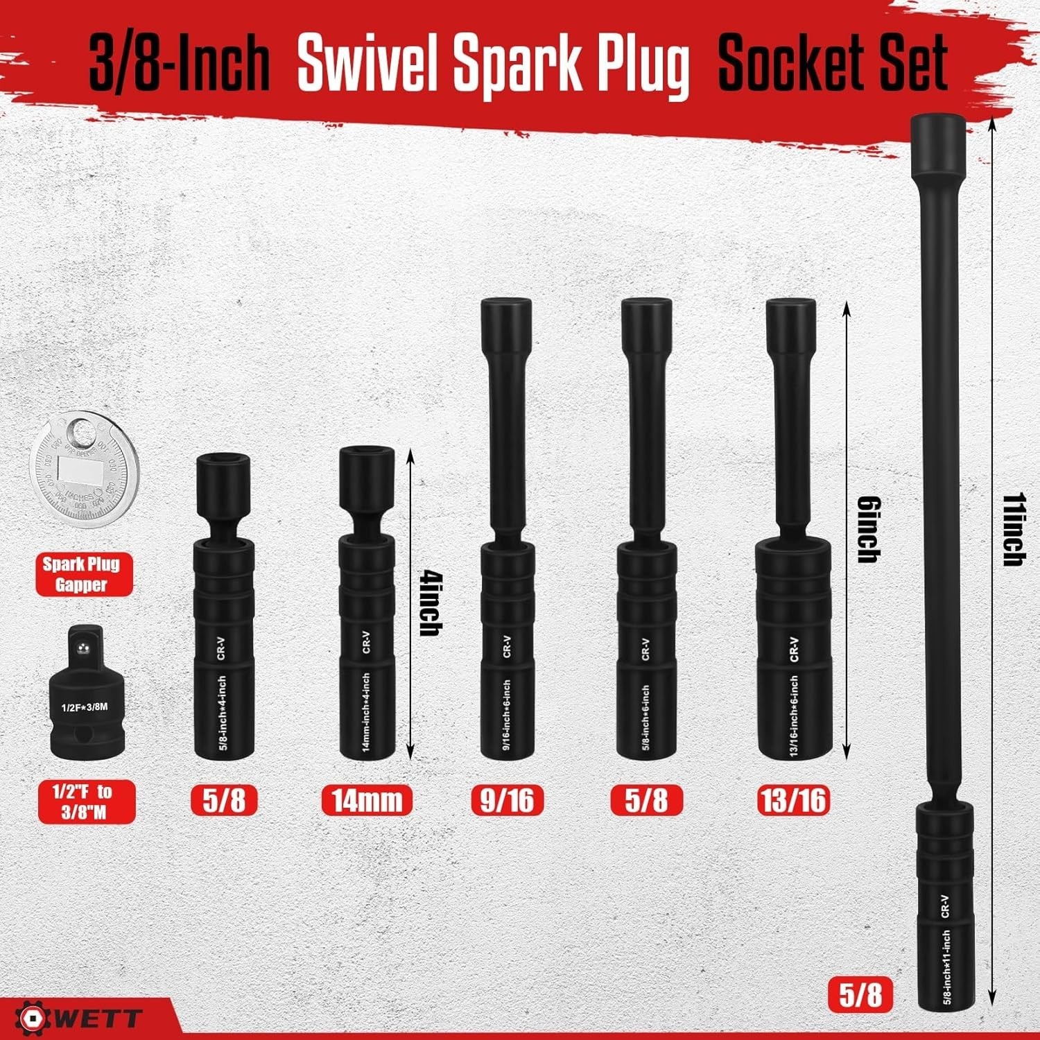 3/8-Inch Drive Magnetic Swivel Spark Plug Removal Tools Socket Set, 12 Point 360