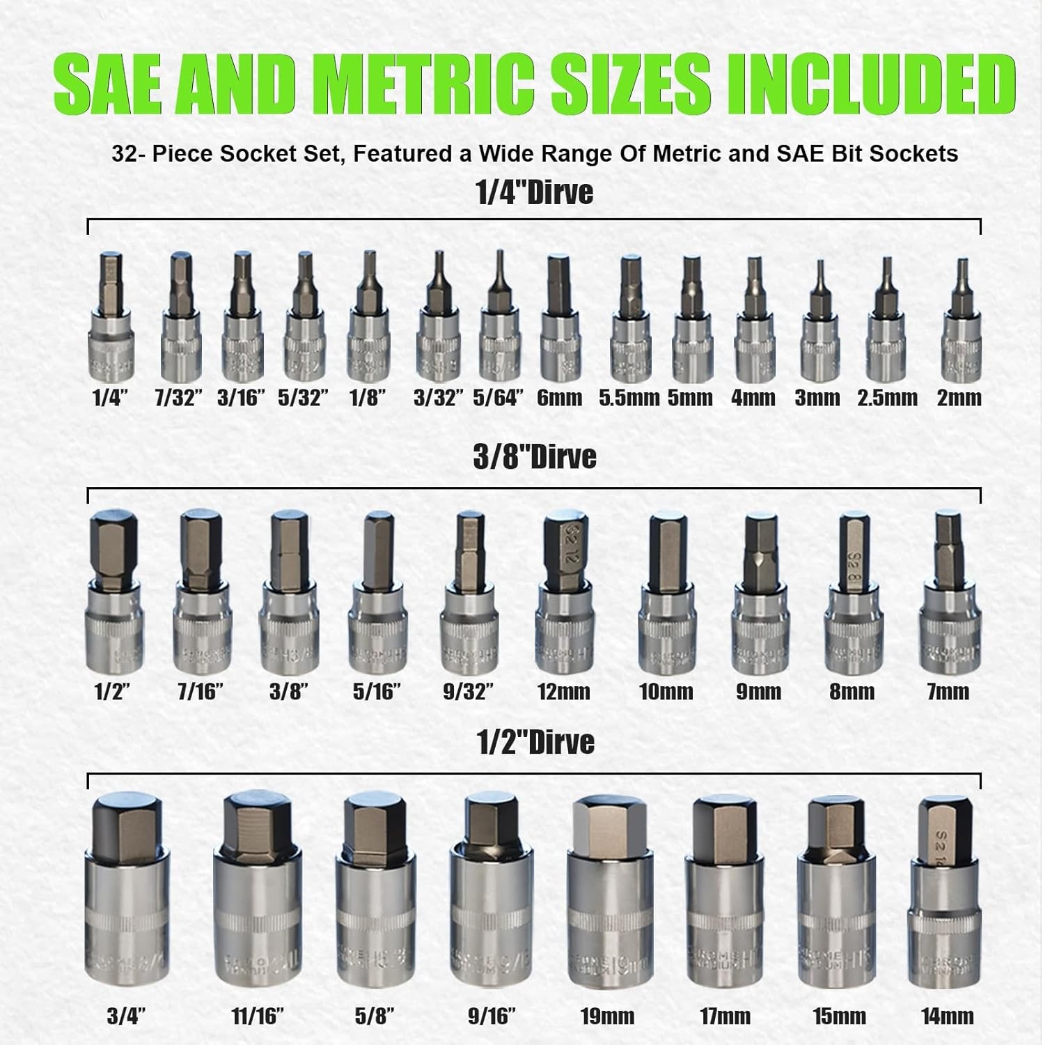 32 Piece Allen Socket Set, 1/4″, 3/8″, & 1/2″ Drives Hex Bit Socket Set, Include