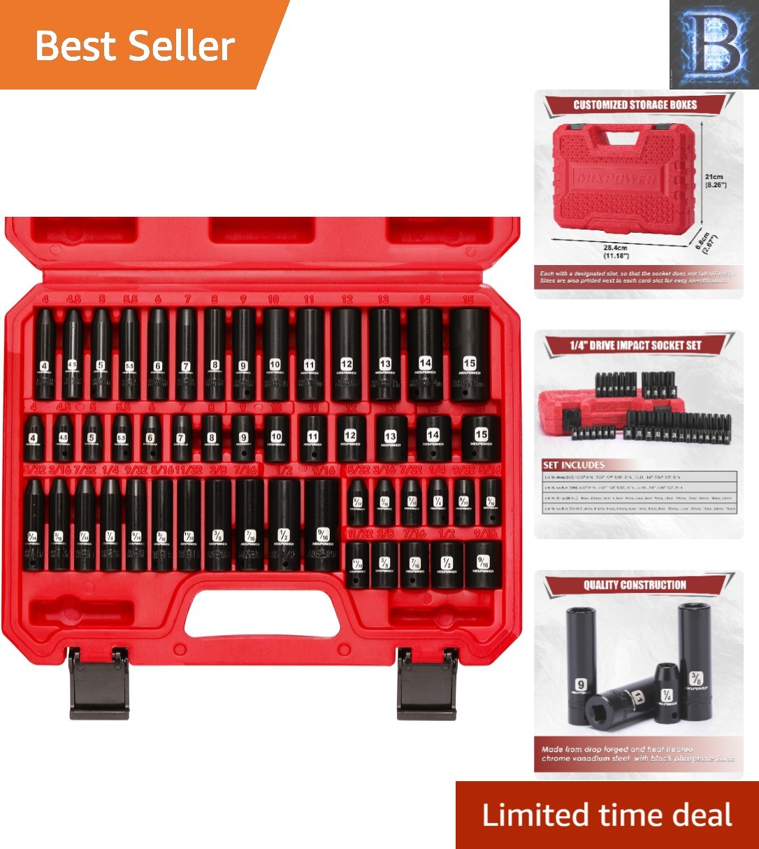 Ultra-Durable 1/4-inch Impact Socket Set – 50 Pieces in SAE/Metric Sizes