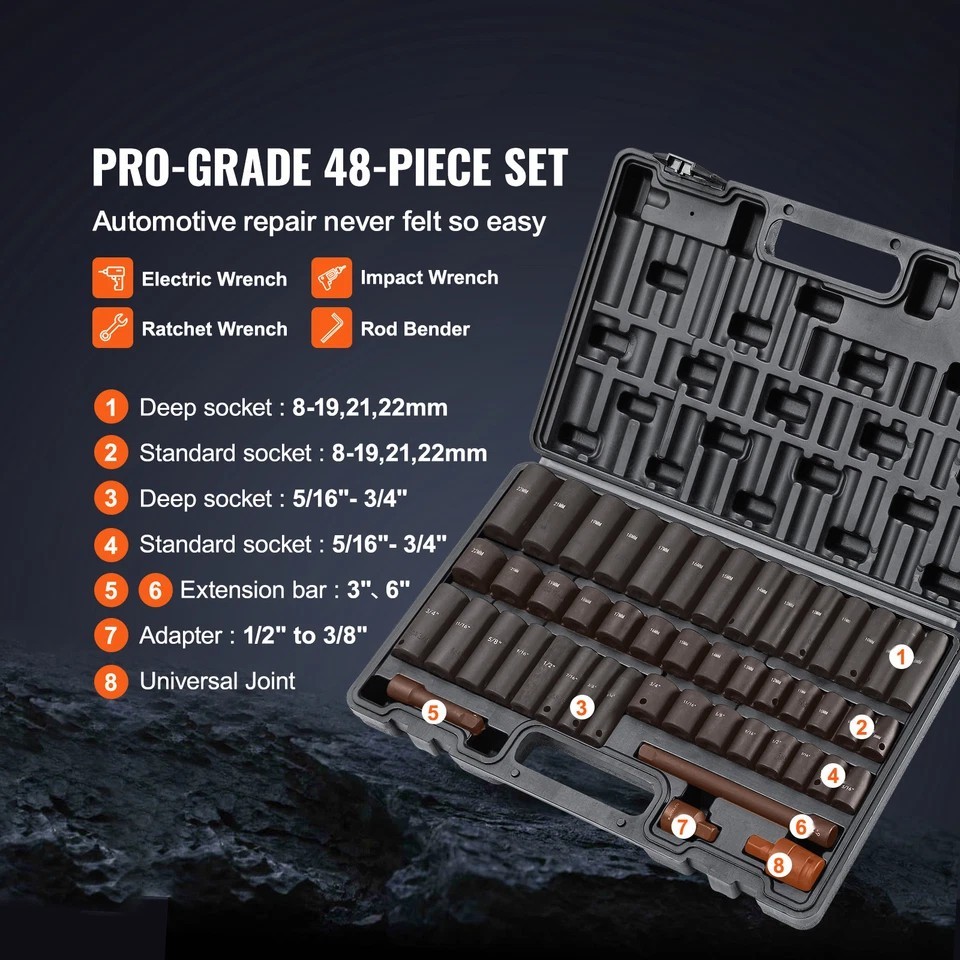 Impact Sockets Set 48pcs 6-Point 3/8in Drive Bit Ratchet Tool Kit Case