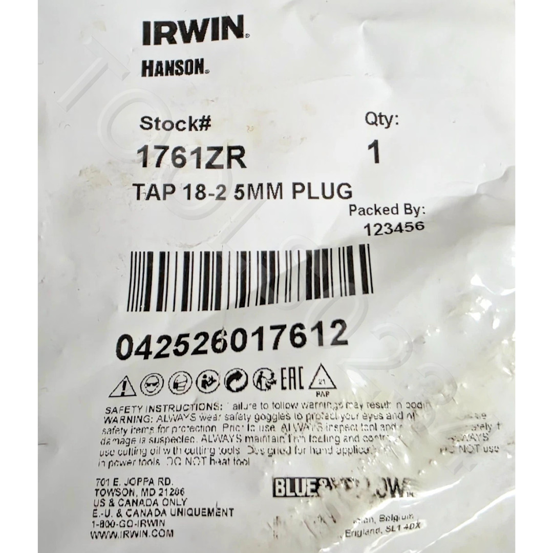 M18 X 2.5 Plug Tap Metric Irwin 1761 ZR 18MM Carbon Steel 4FL 2.50 RH