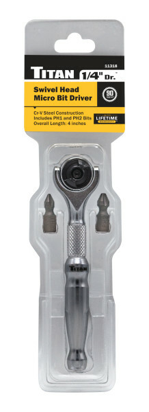 Titan 11318 1/4″ Hex Dr. Swivel Head Micro Bit Driver (4″ OAL)