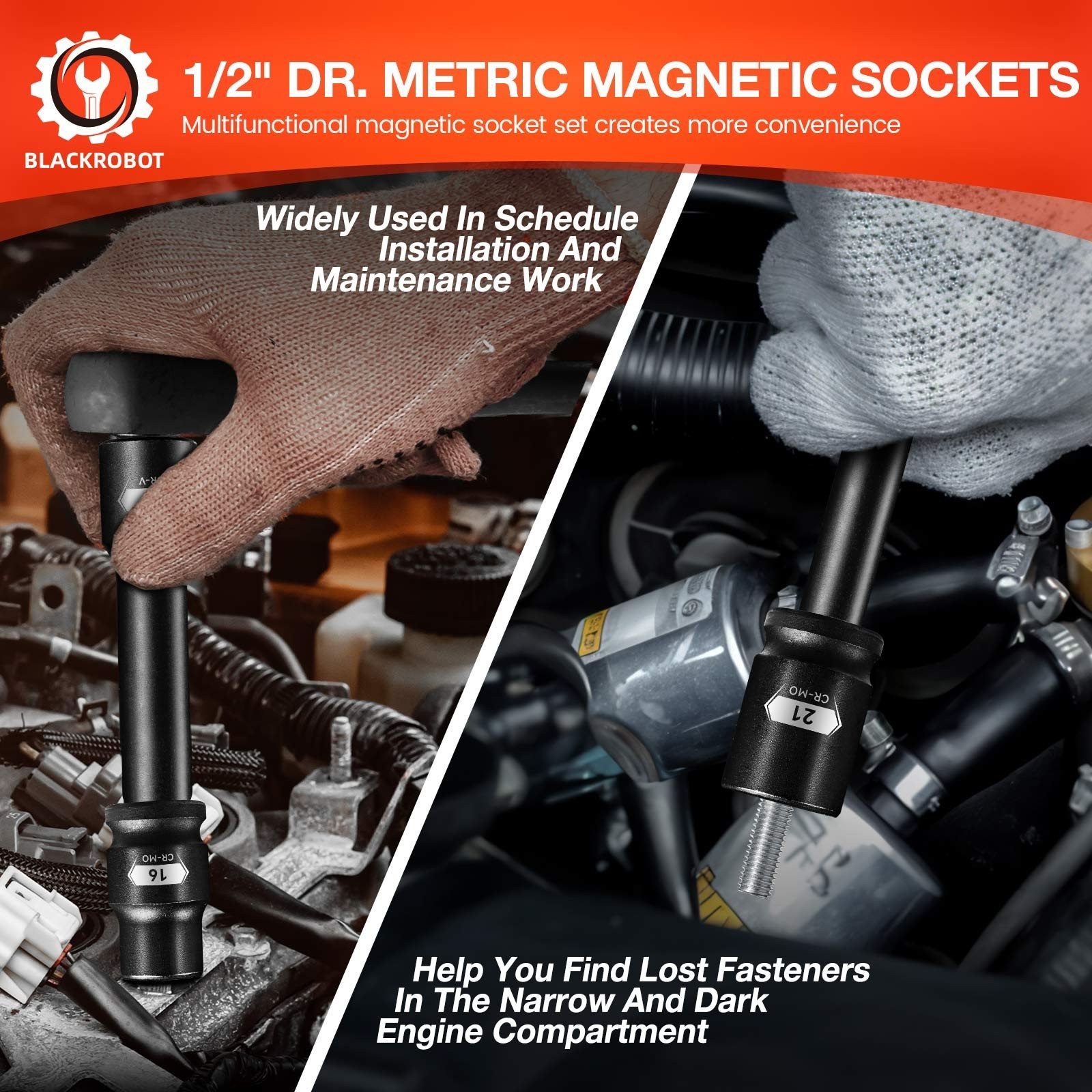 1/2″ Drive Magnetic Impact Socket Set, 15-Pcs Metric size (10-22, 24, 27mm)