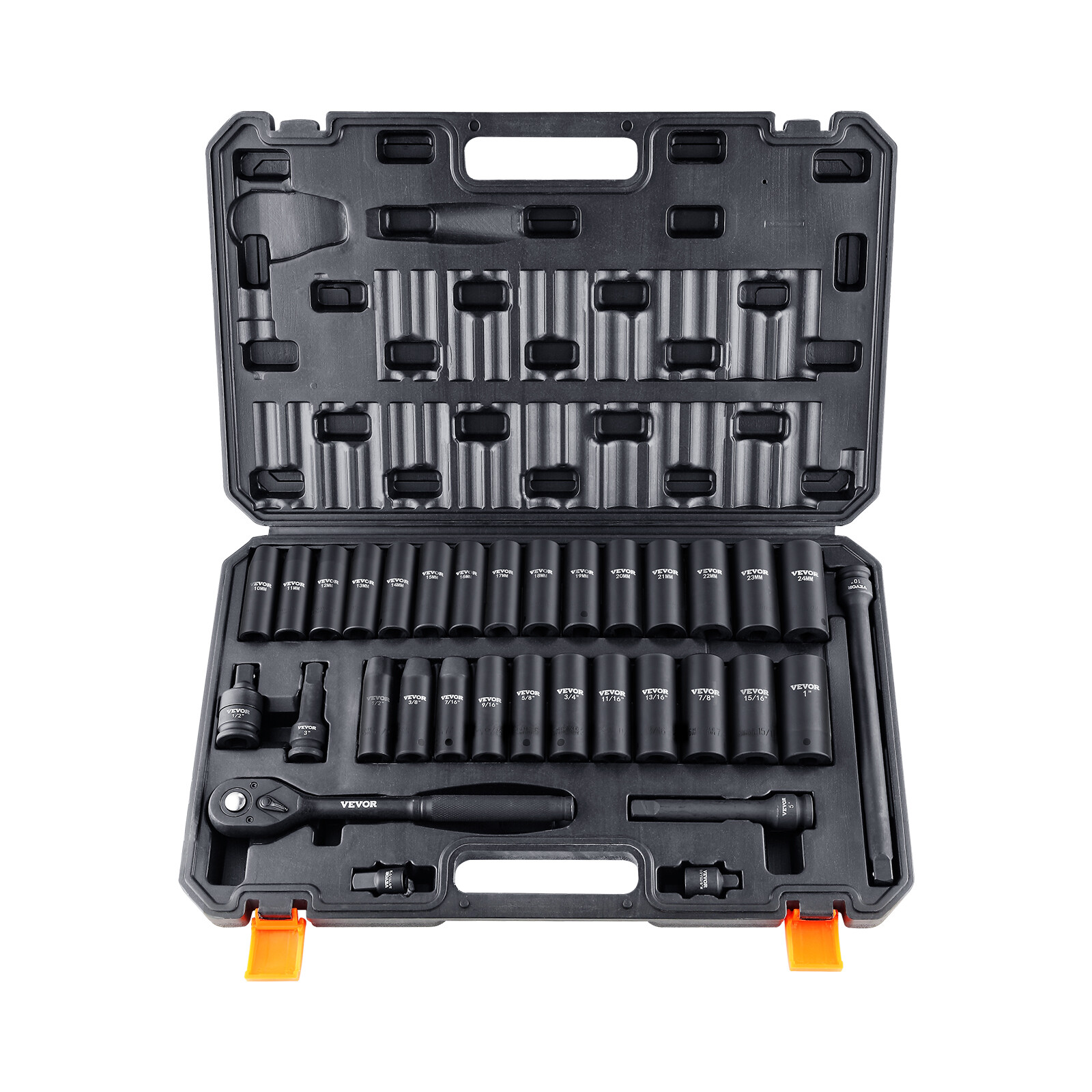 Impact Sockets Set 33pcs 6 Point 1/2in Drive Bit Ratchet Tool Kit Case