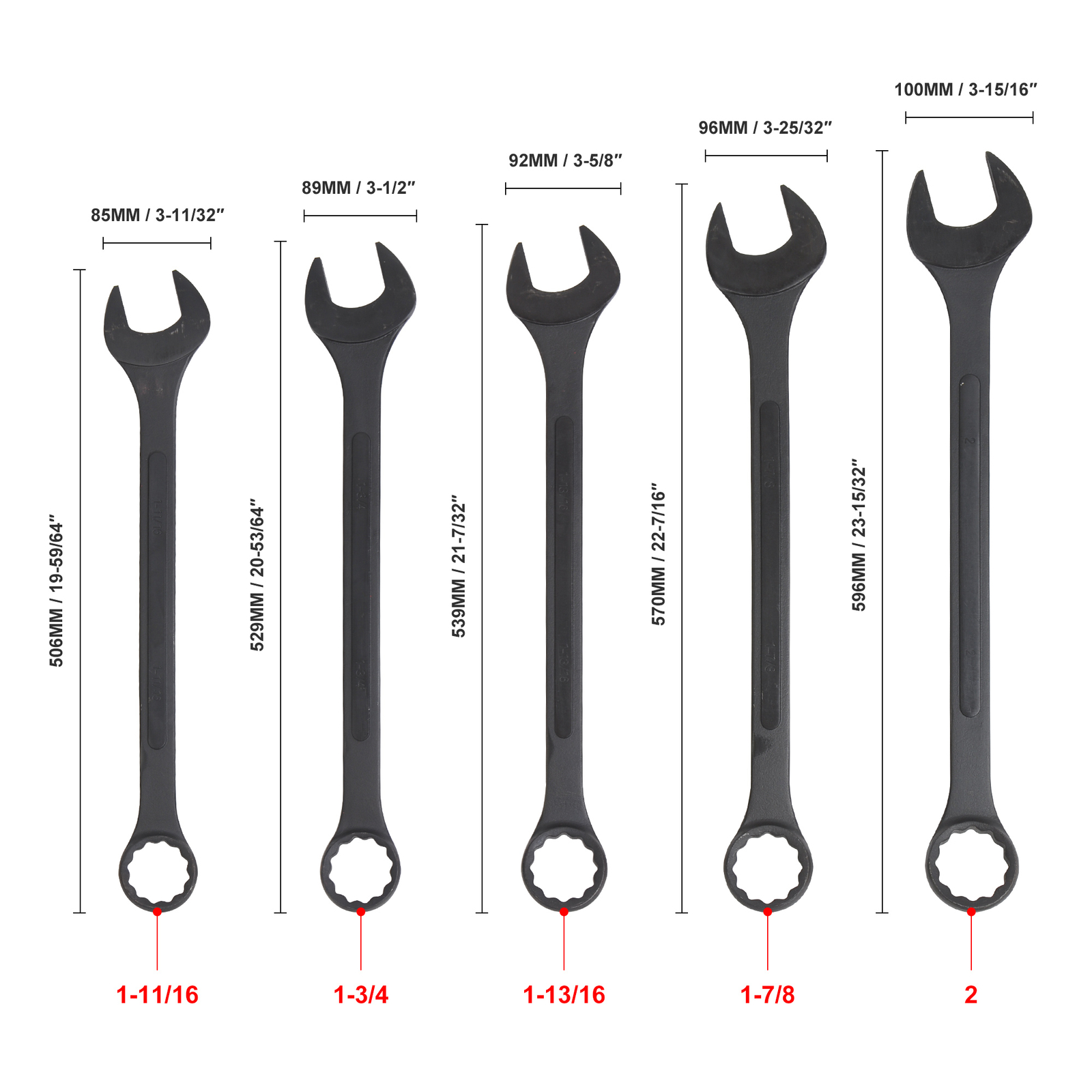 1-5/16″ – 2″ SAE Black-Oxide Jumbo Combo Wrench Set Heat-treated Steel Tool 10PC