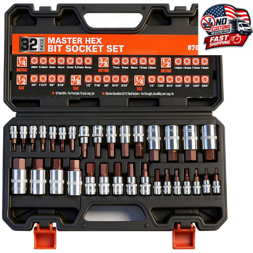 32pc Hex Bit Socket Set SAE Metric Allen Wrench S2 Steel 1/4 3/8 1/2 Drive Kit