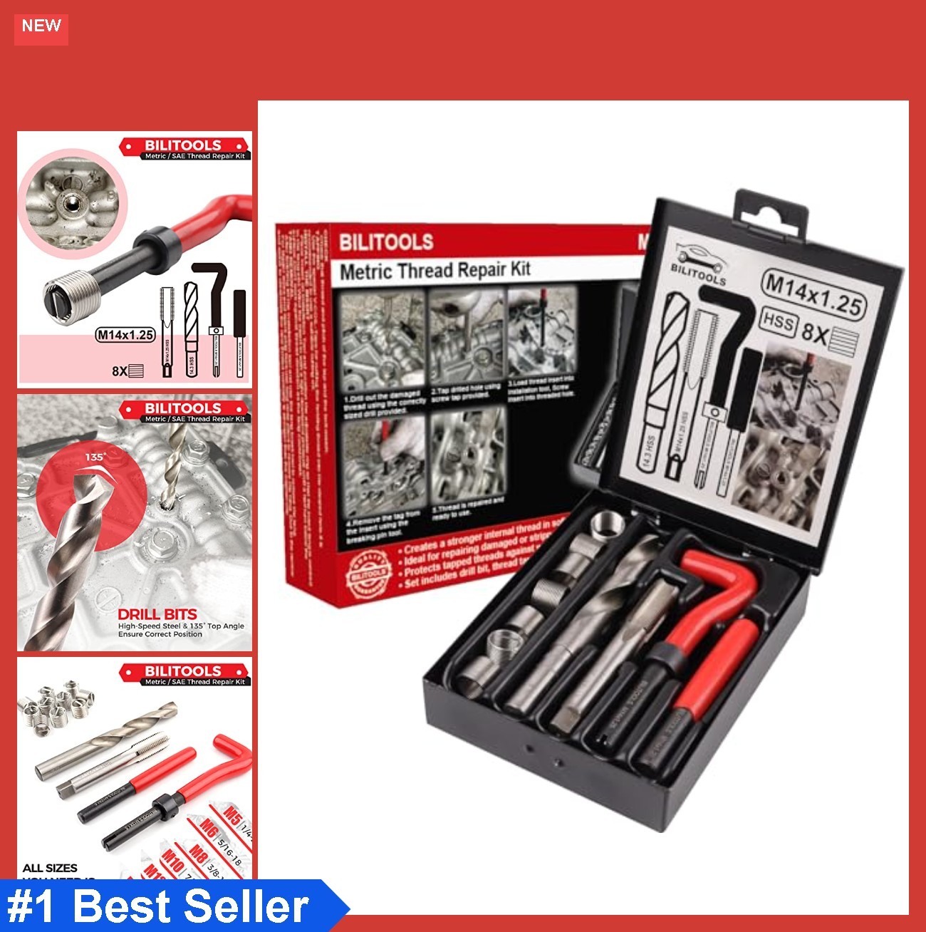 M14x1.25 Thread Repair Kit HSS Helicoil Metric Inserts Installation Tool Case