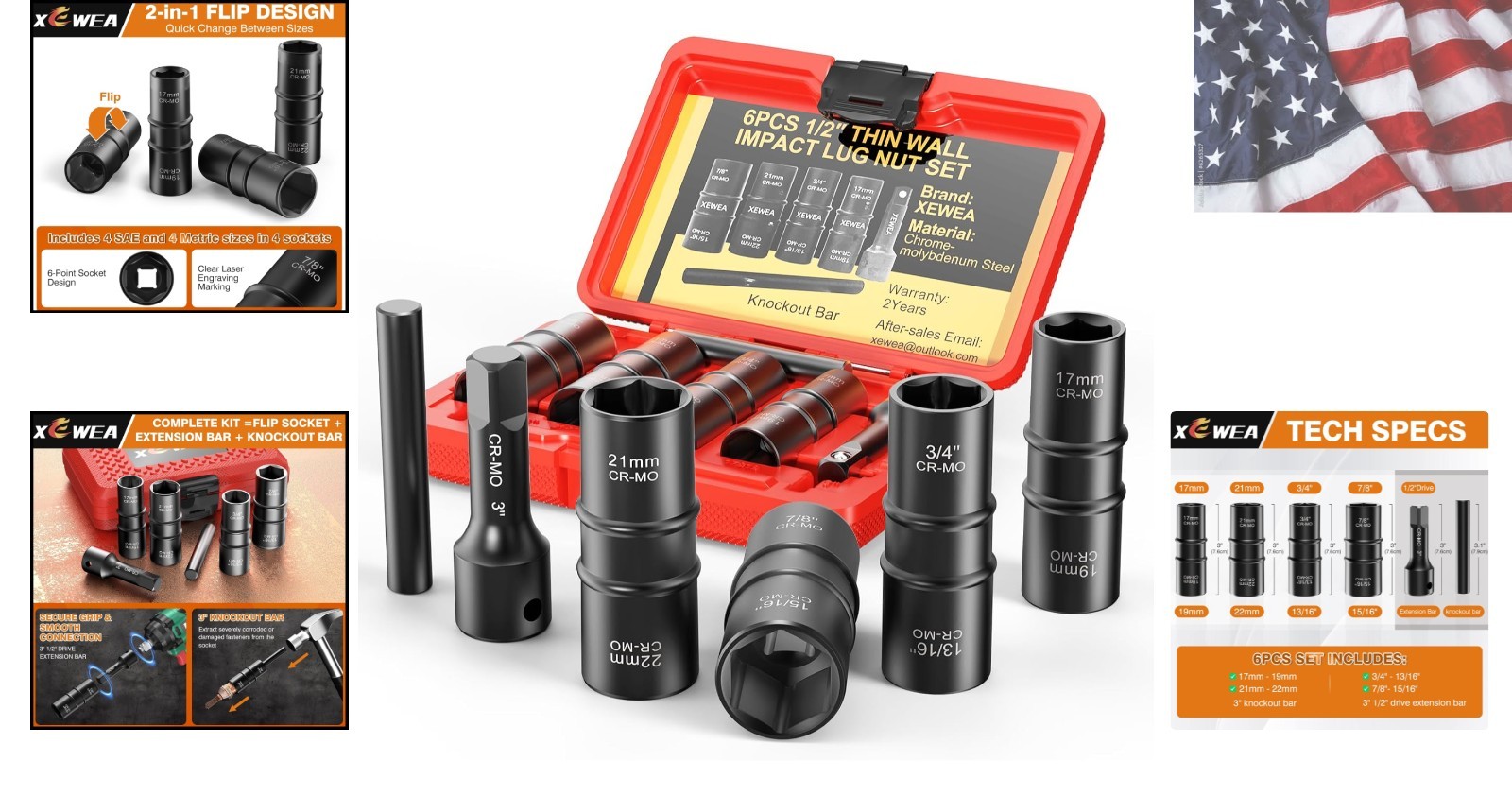 6PCS Thin Wall Lug Nut Impact Socket Set, 1/2″ Drive Impact Flip Socket Set, …