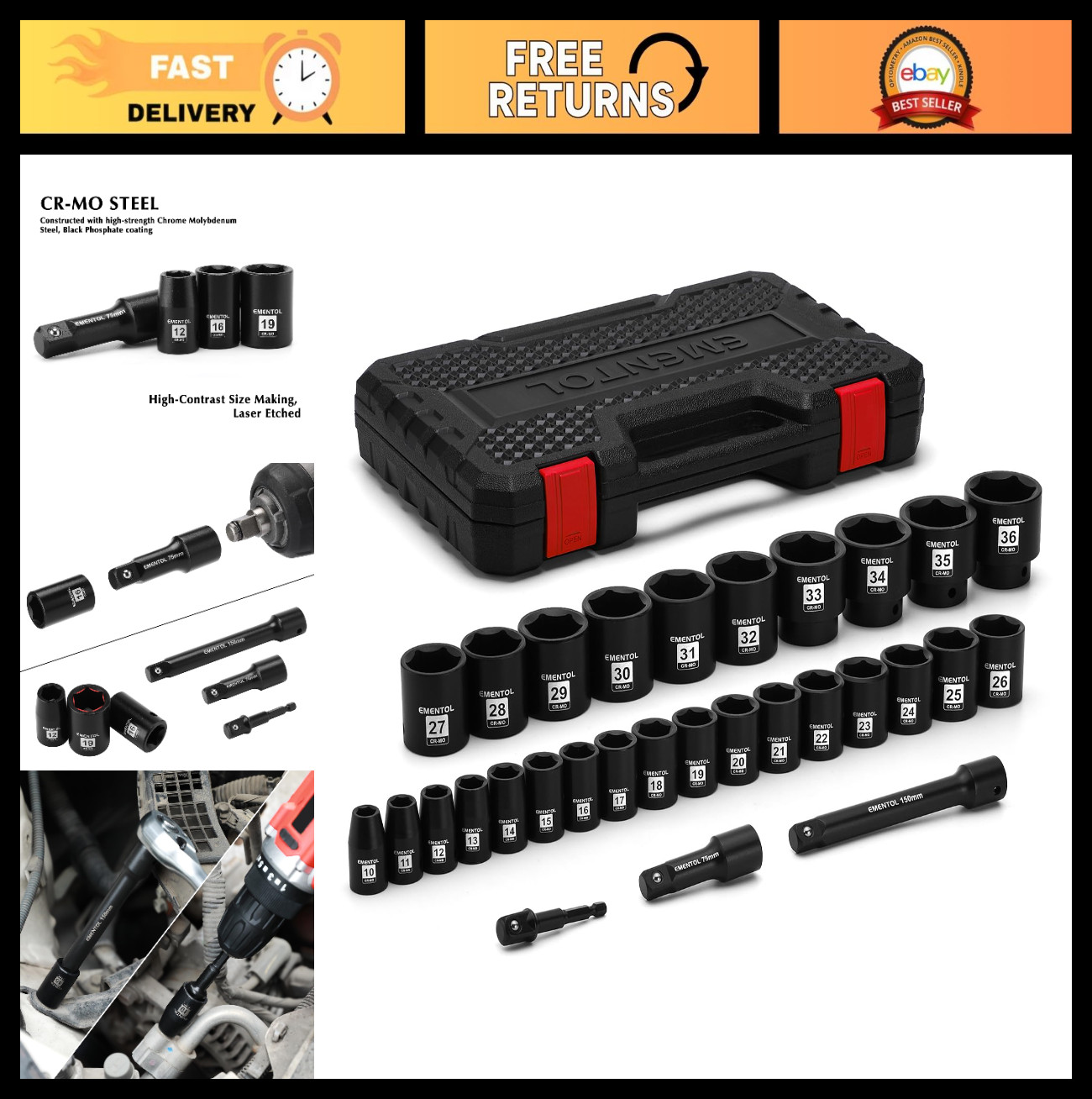 30PCS 1/2″ Drive Metric Shallow Impact Socket Set, 10mm-36mm, CR-MO, 6 Point, Ex