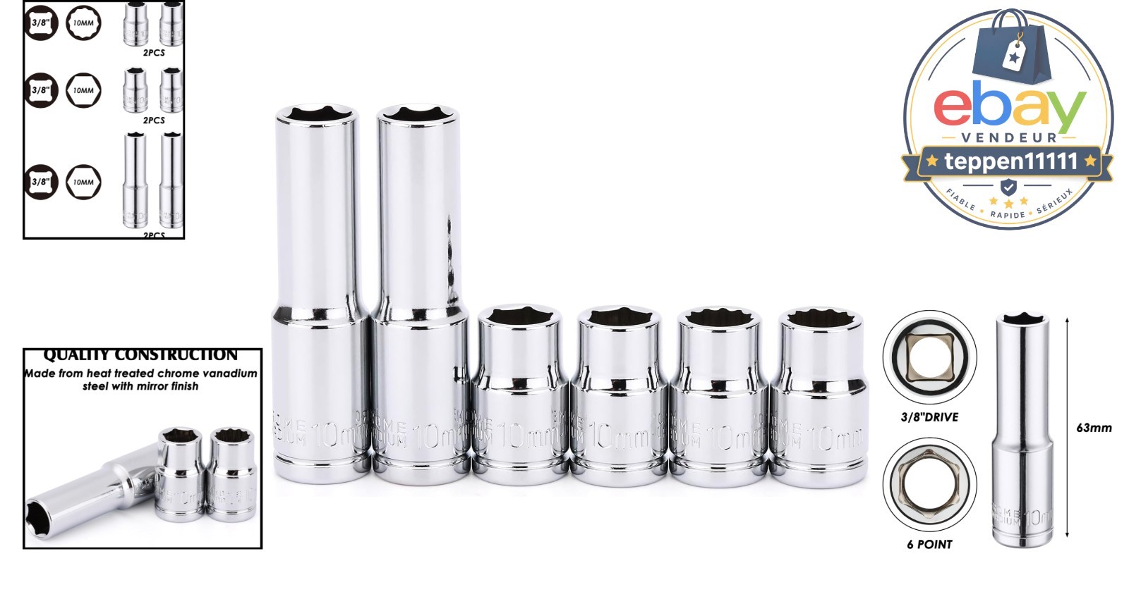 10mm Deep Shallow Socket Set 3/8″ Drive 6PCS CR-V Steel 6 Point 12 Point