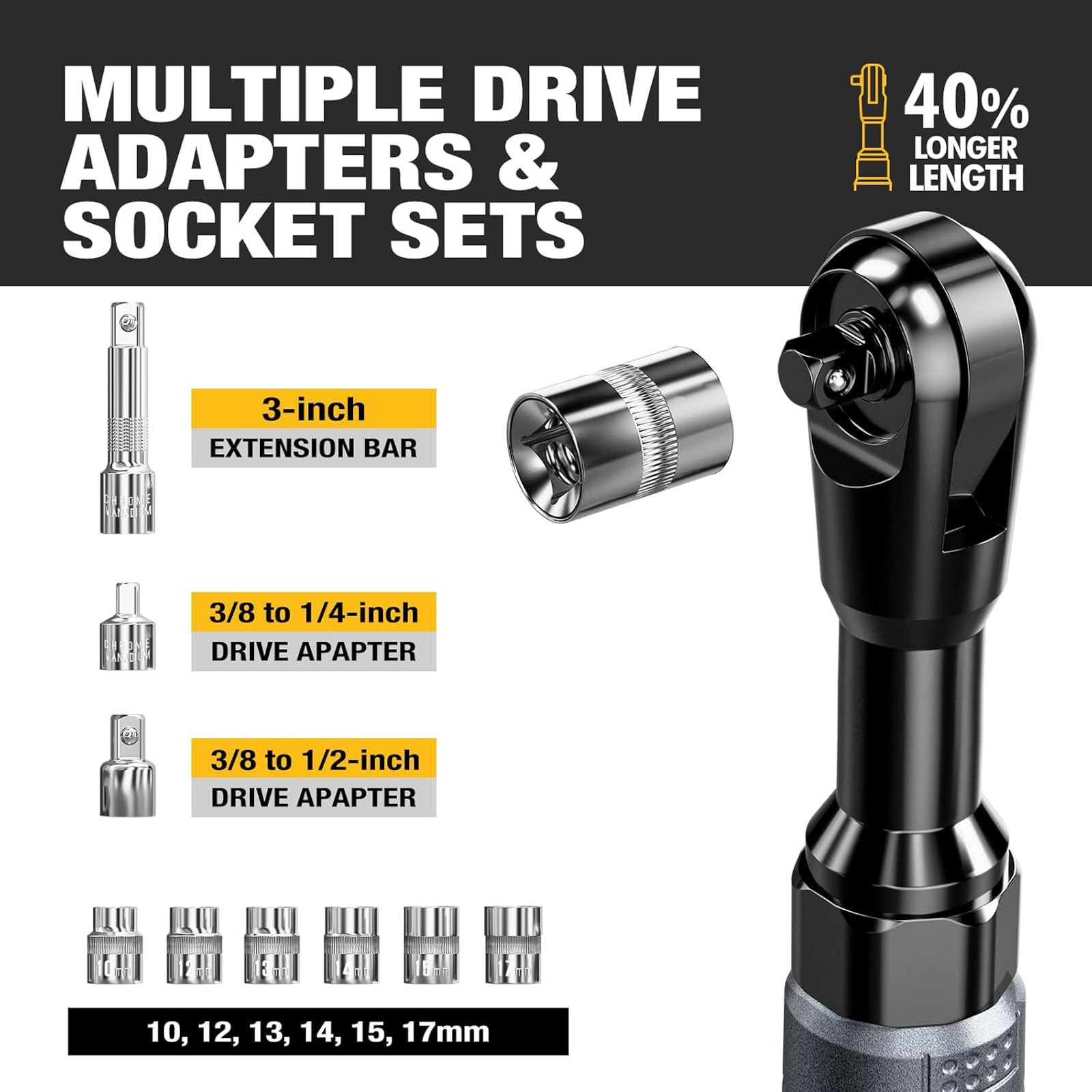 3/8″ Cordless Ratchet Wrench Set, 60FT-LBS(80N.m) Electric Ratchet, 12V Extended