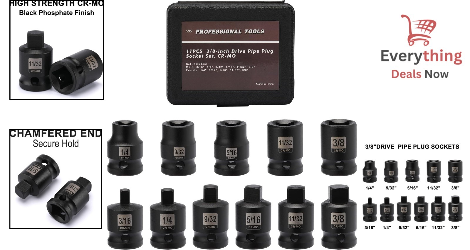 3/8″ Drive 11Pc SAE Pipe Plug Impact Socket Set Tapered Male Female Square Drive