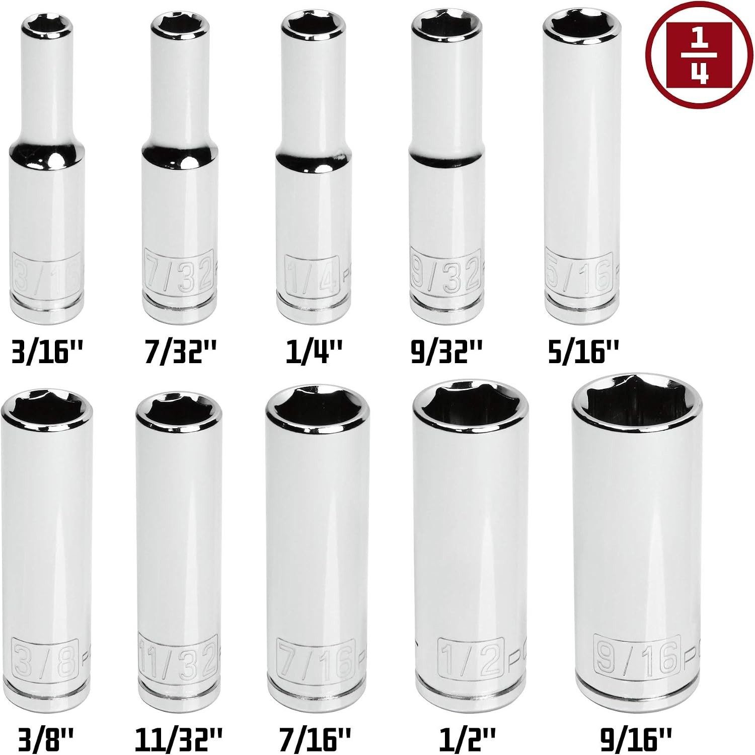 10 Piece 1/4 Inch Drive SAE 6 Point Deep Socket Set, Z-Drive Grips, Chrome Va…