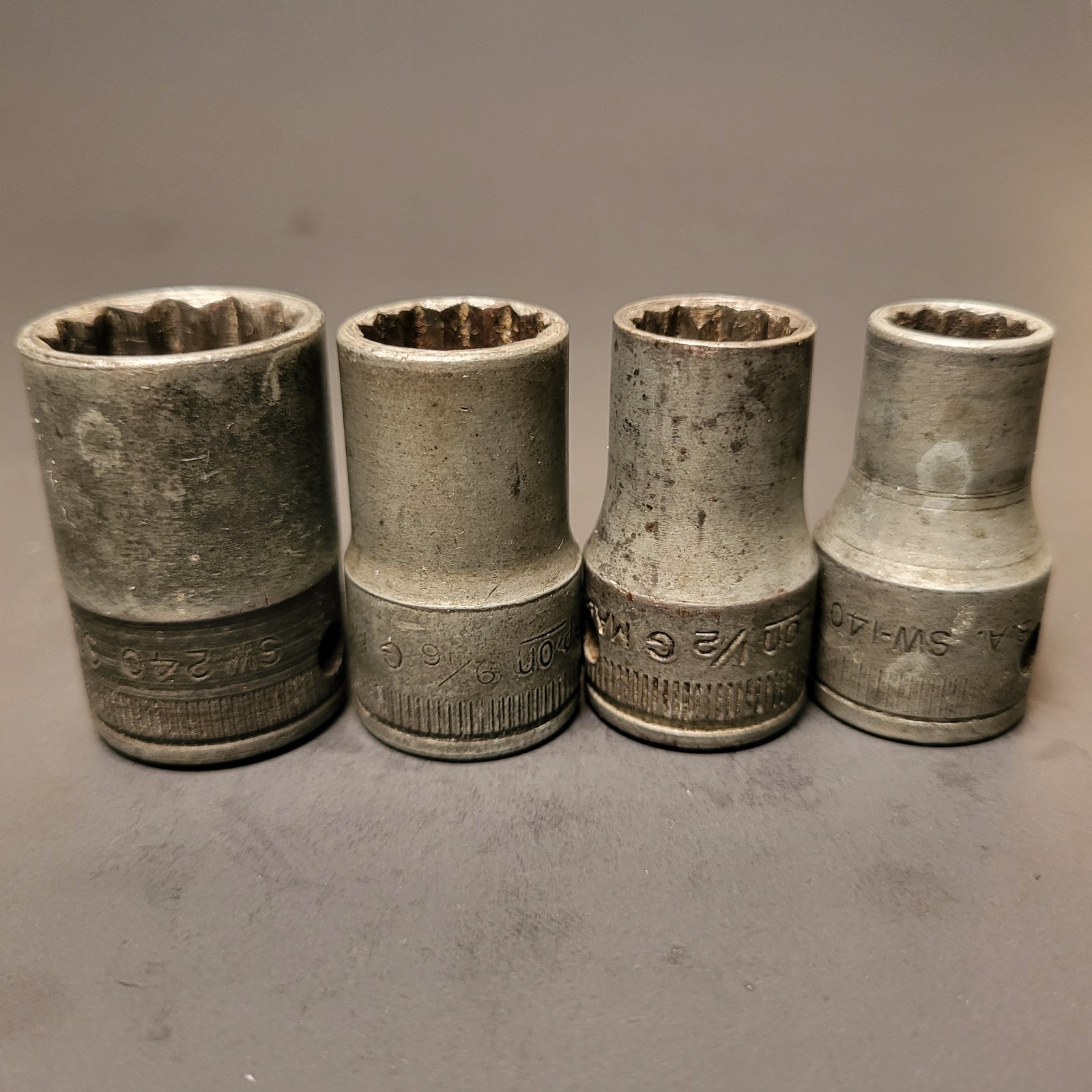 Snap On WW2 1945 G date code 1/2” drive sockets 4 pieces 3/4” 9/16” 1/2” 7/16”