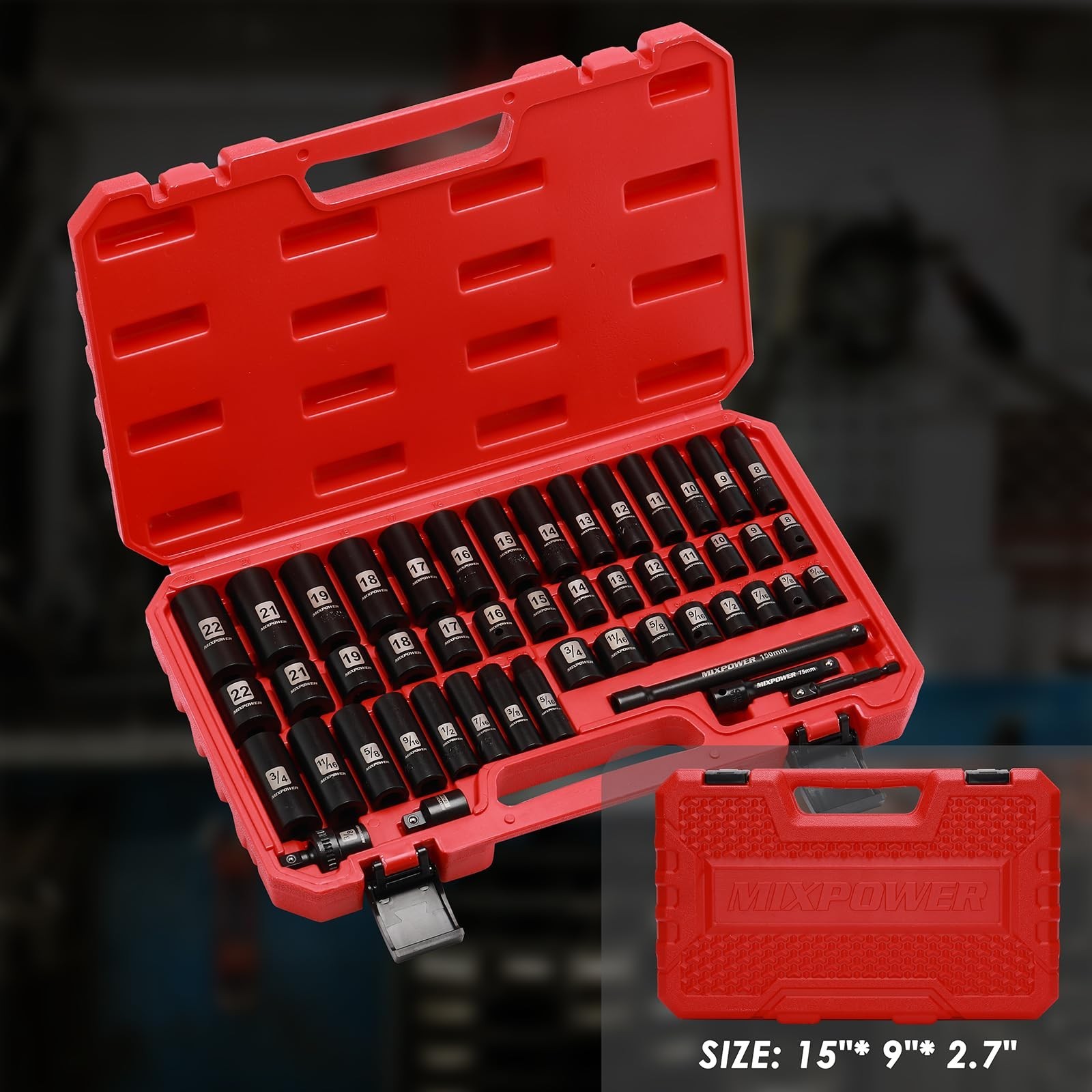 49-Piece 3/8″ Drive Deep Impact Socket Set, SAE & Metric, Cr-V Steel, 6 Point