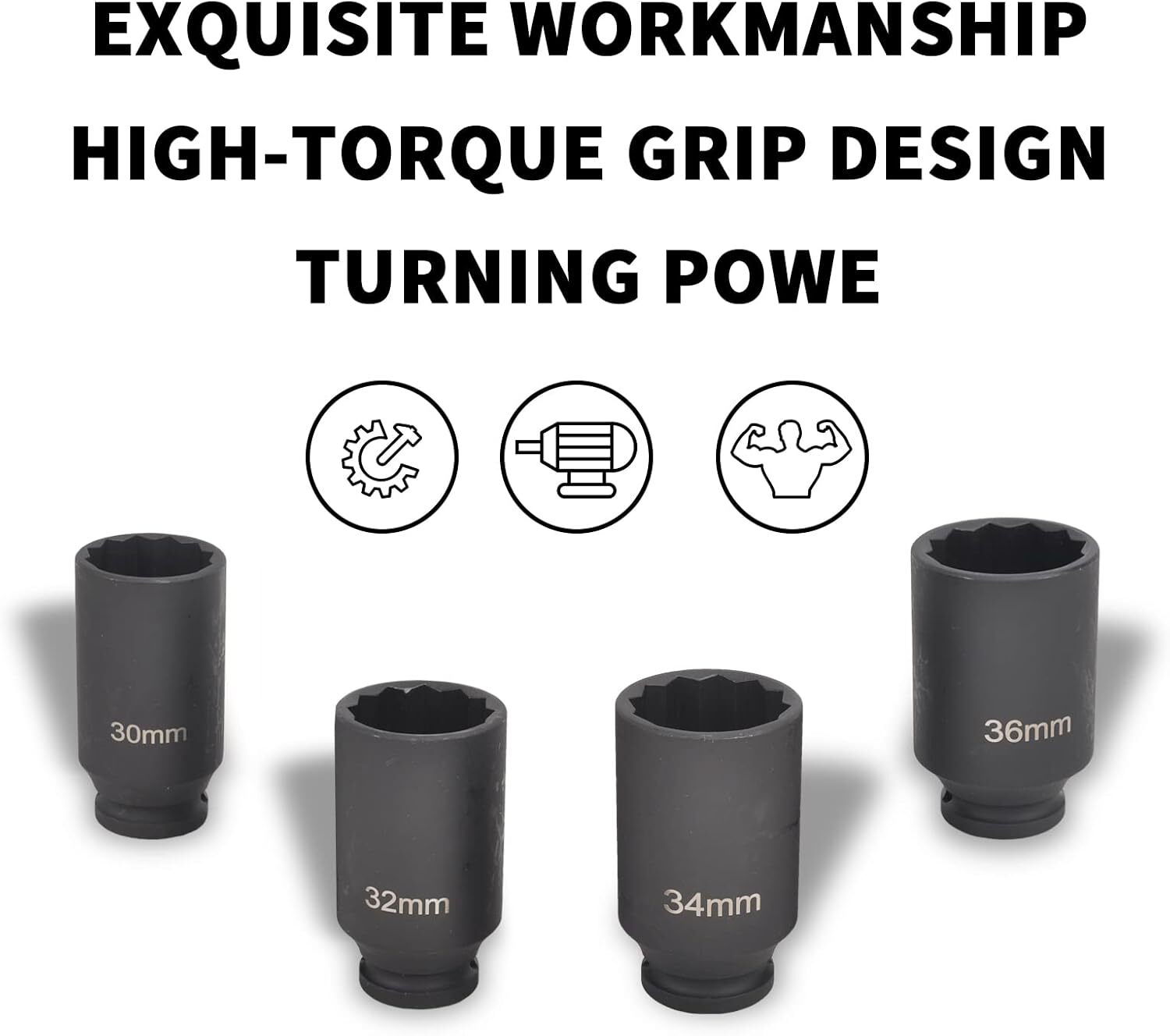 4Pcs 1/2″ Drive Deep Impact Socket Set 12 Point Metric 30mm 32mm 34mm 36mm Drive
