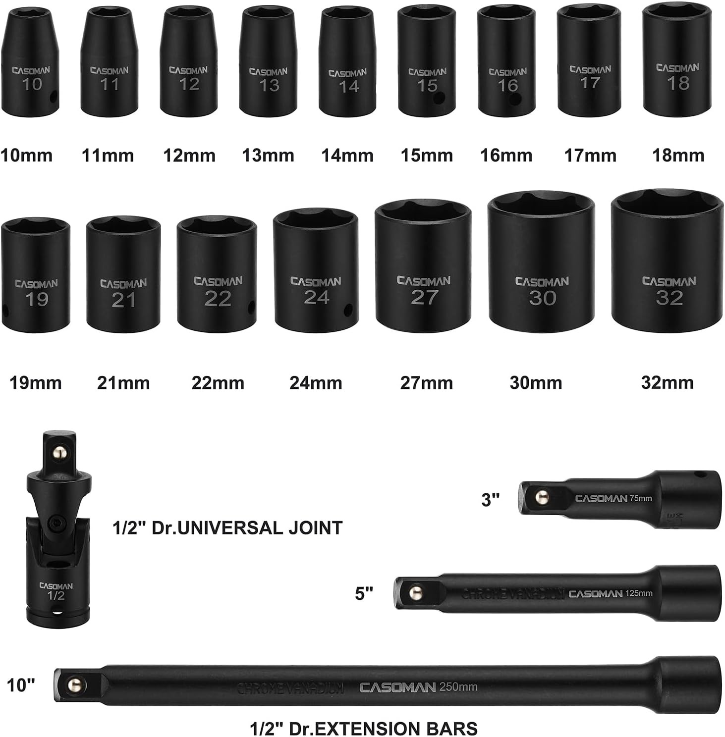 20pcs 1/2″ Drive Shallow Impact Socket Set with Case,Metric,CR-V,6-Point Sockets