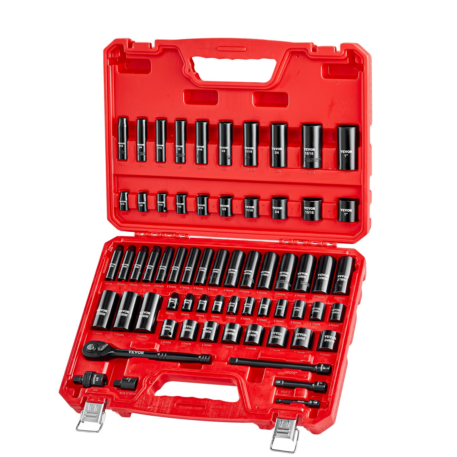 VEVOR 3/8 in Drive Impact Socket Set 64 Piece SAE 5/16 to 1 in Metric 6-24 mm