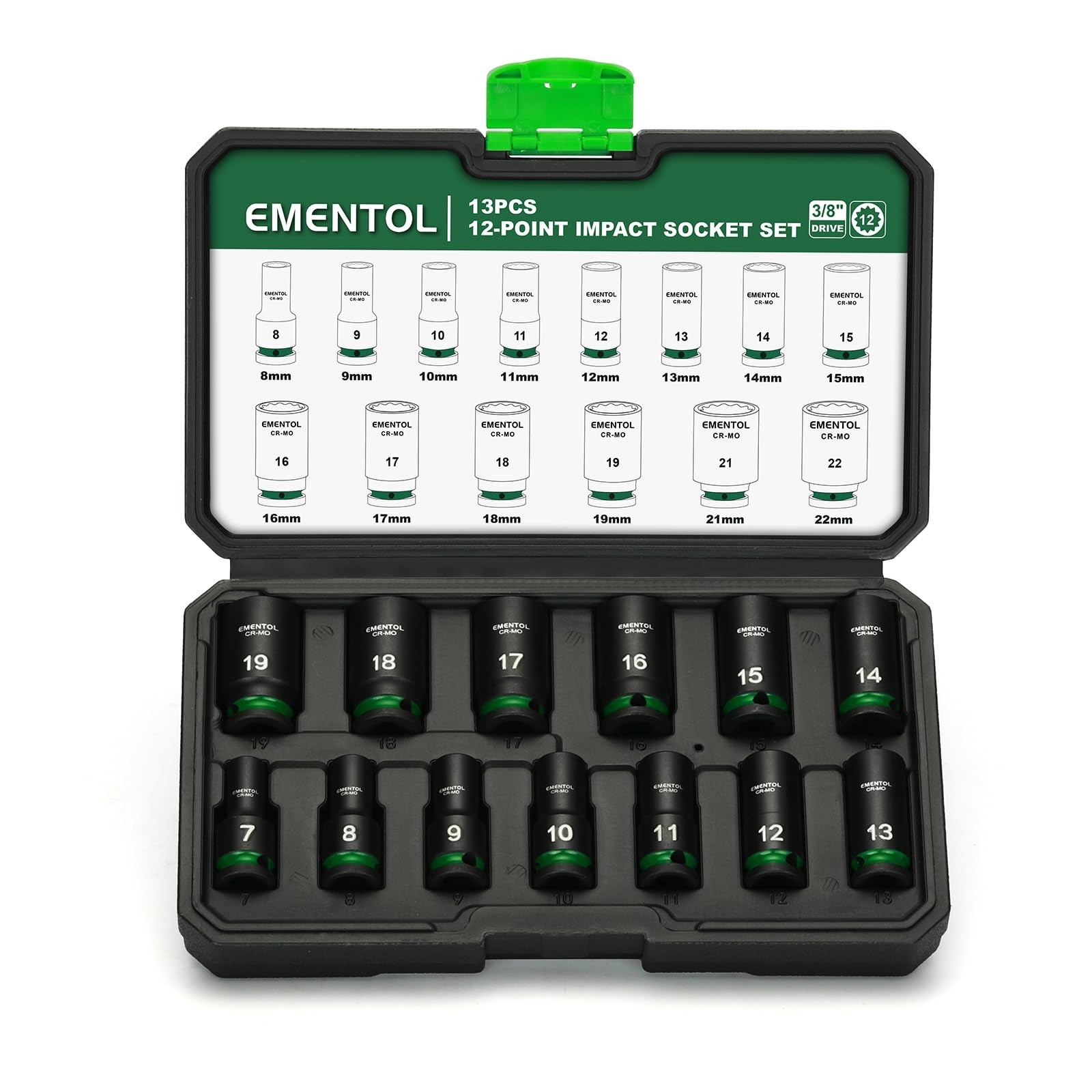 13-Piece 3/8″ Drive Impact Socket Set – Semi-Deep Metric Sockets (7-19mm) 12 Poi