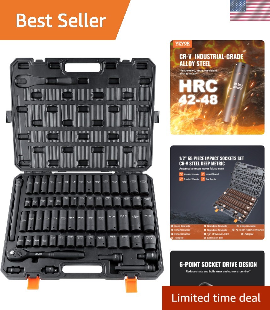 65-Piece 1/2″ Drive Impact Socket Set in Durable Cr-V Steel for Auto Mechanics