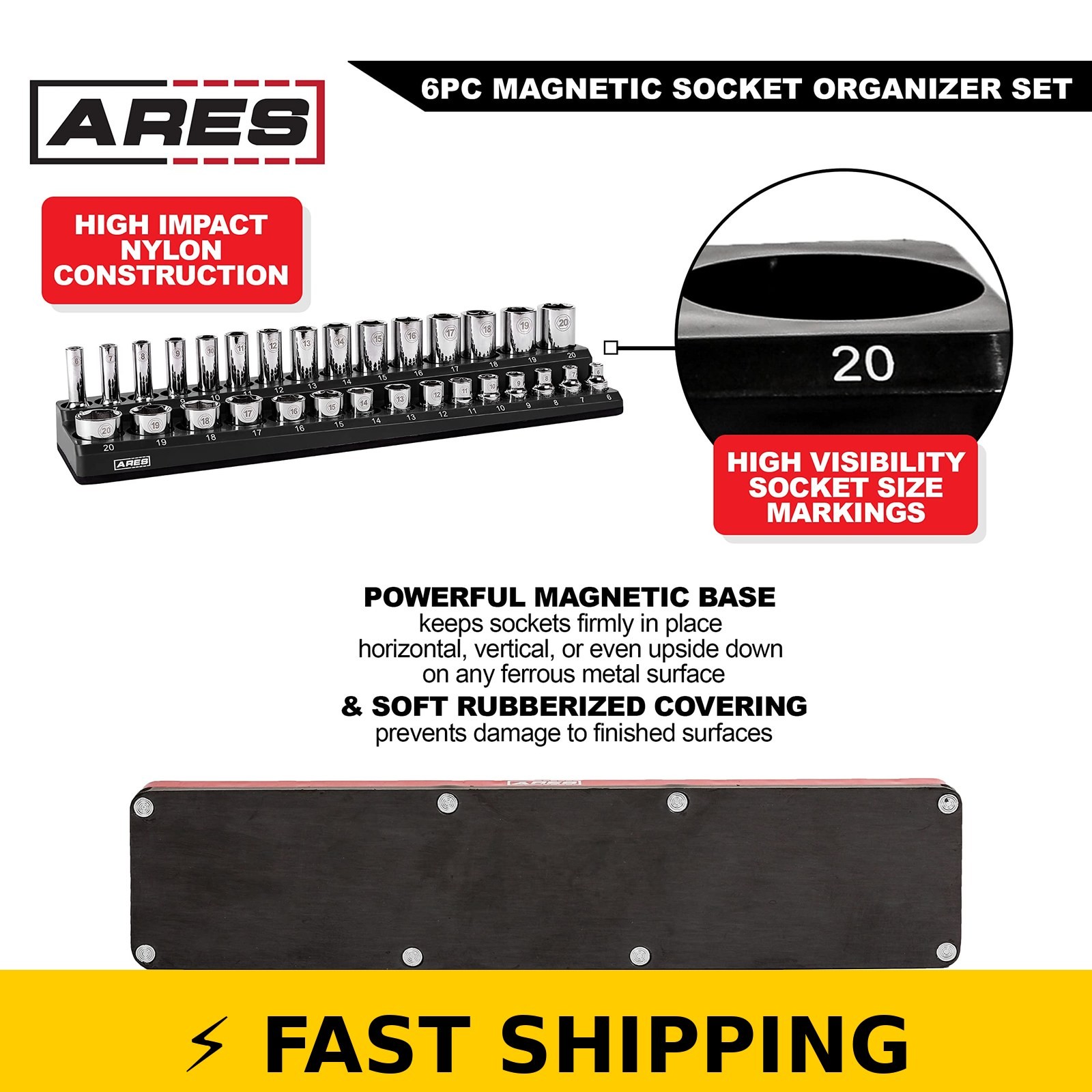 ARES 60160 Magnetic Socket Organizers Set – 1/4, 3/8, 1/2 in