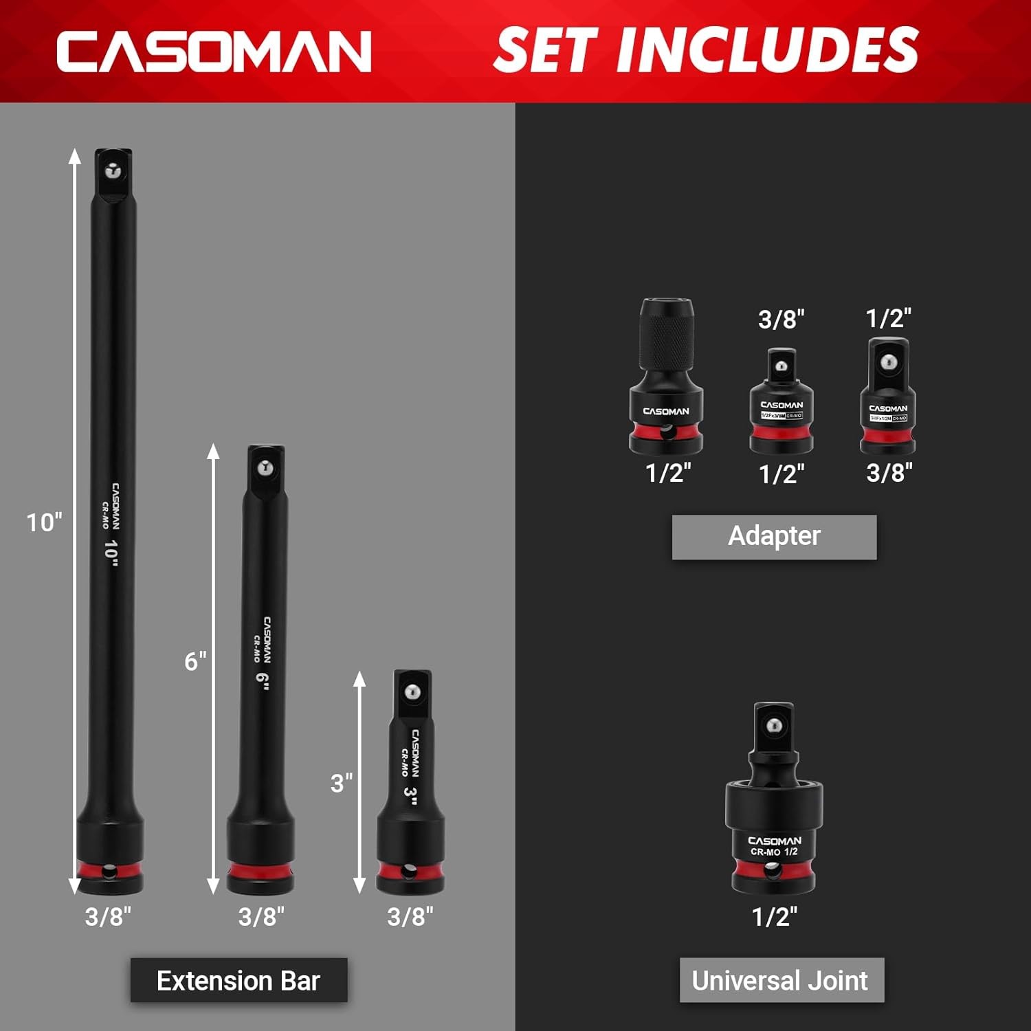 7PCS 1/2″ Drive Impact Socket Accessory Set, Includes Extension Bars 3″ 6″ 10″