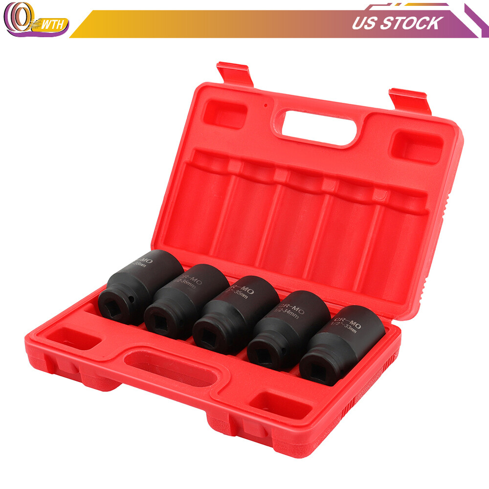5PC 33MM-34-35-36-38MM 1/2» DRIVE 6 POINT DEEP SPINDLE AXLE NUT SOCKET SET TOOL