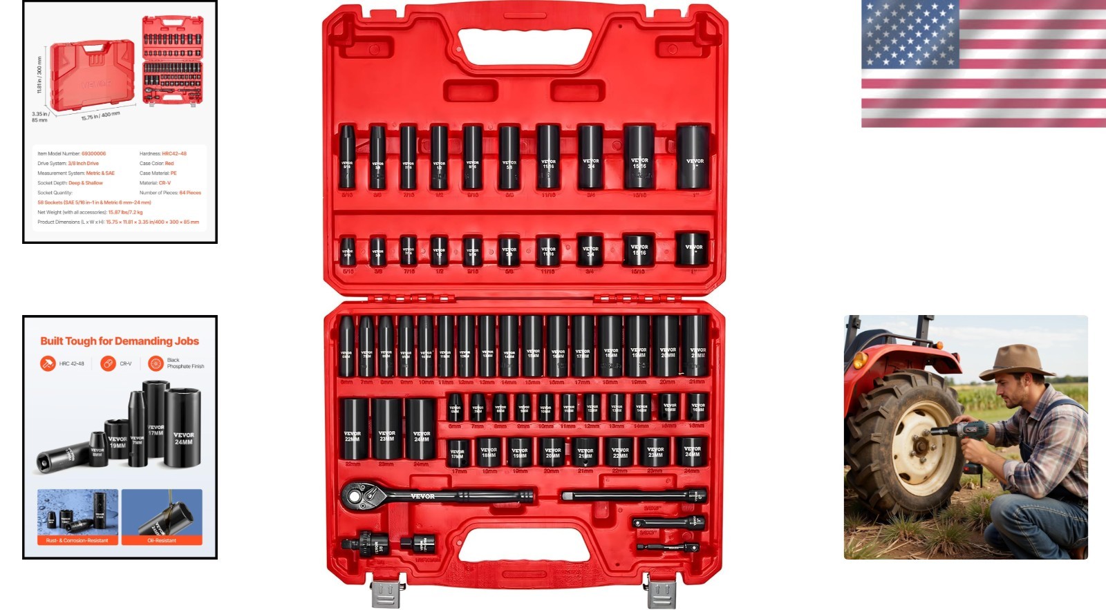 Impact Socket Set 64 Piece 3/8 Inch Drive Deep Shallow Chrome Vanadium Steel
