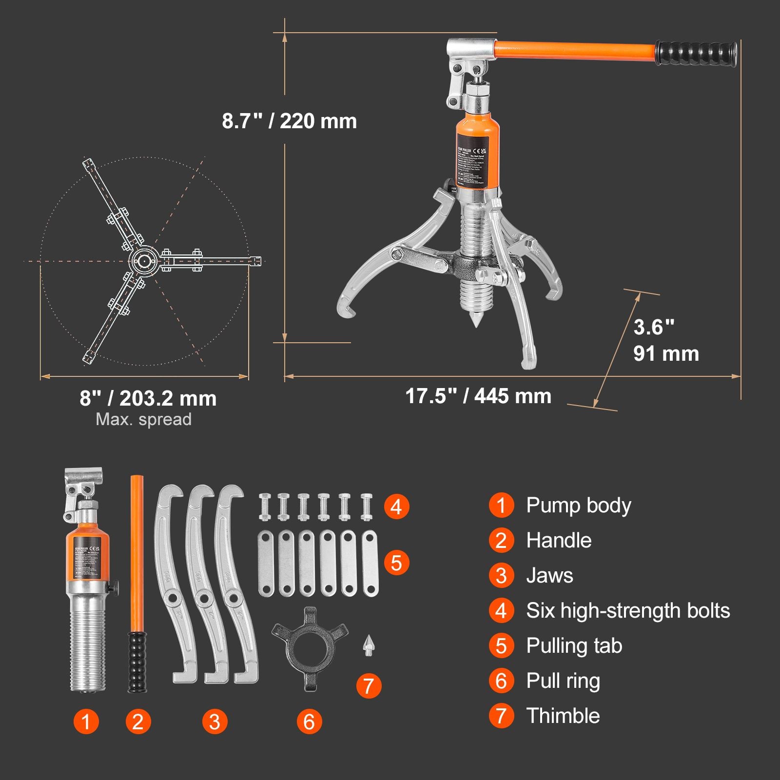 5T Hydraulic Gear Puller, 8in Max Spread, 2 & 3 Jaws for Machinery