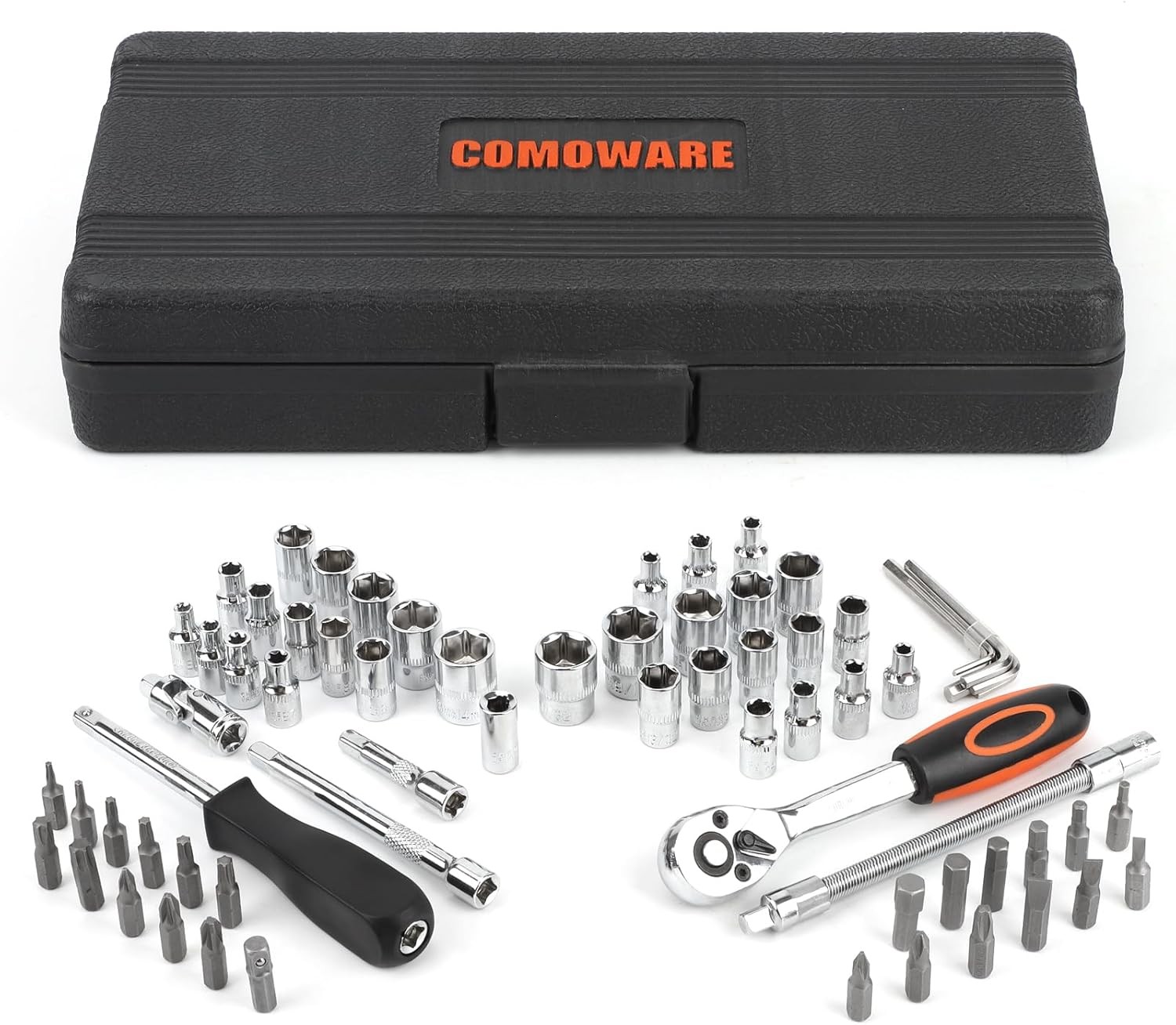 COMOWARE 69pcs Small Socket Set (1/4» & 3/8»), Metric & 69 PCS, Silver