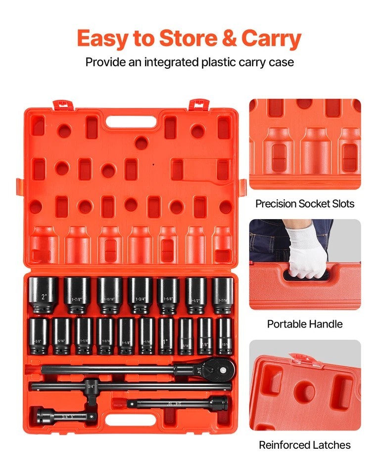 22 Pc Impact Socket Set 3/4″ Drive Deep SAE Cr-Mo Extension Bar Sliding T-Bar