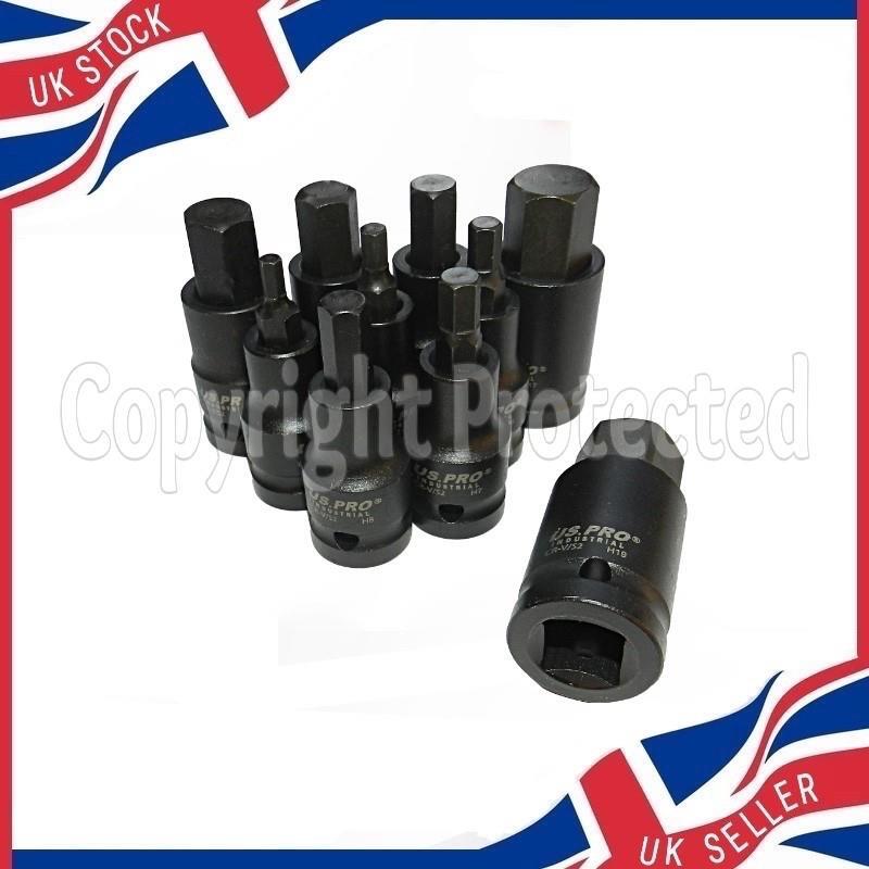 10PC 1/2″ DRIVE INDUSTRIAL IMPACT HEX BIT SOCKET SET 4-19MM METAL CASE ALLEN KEY