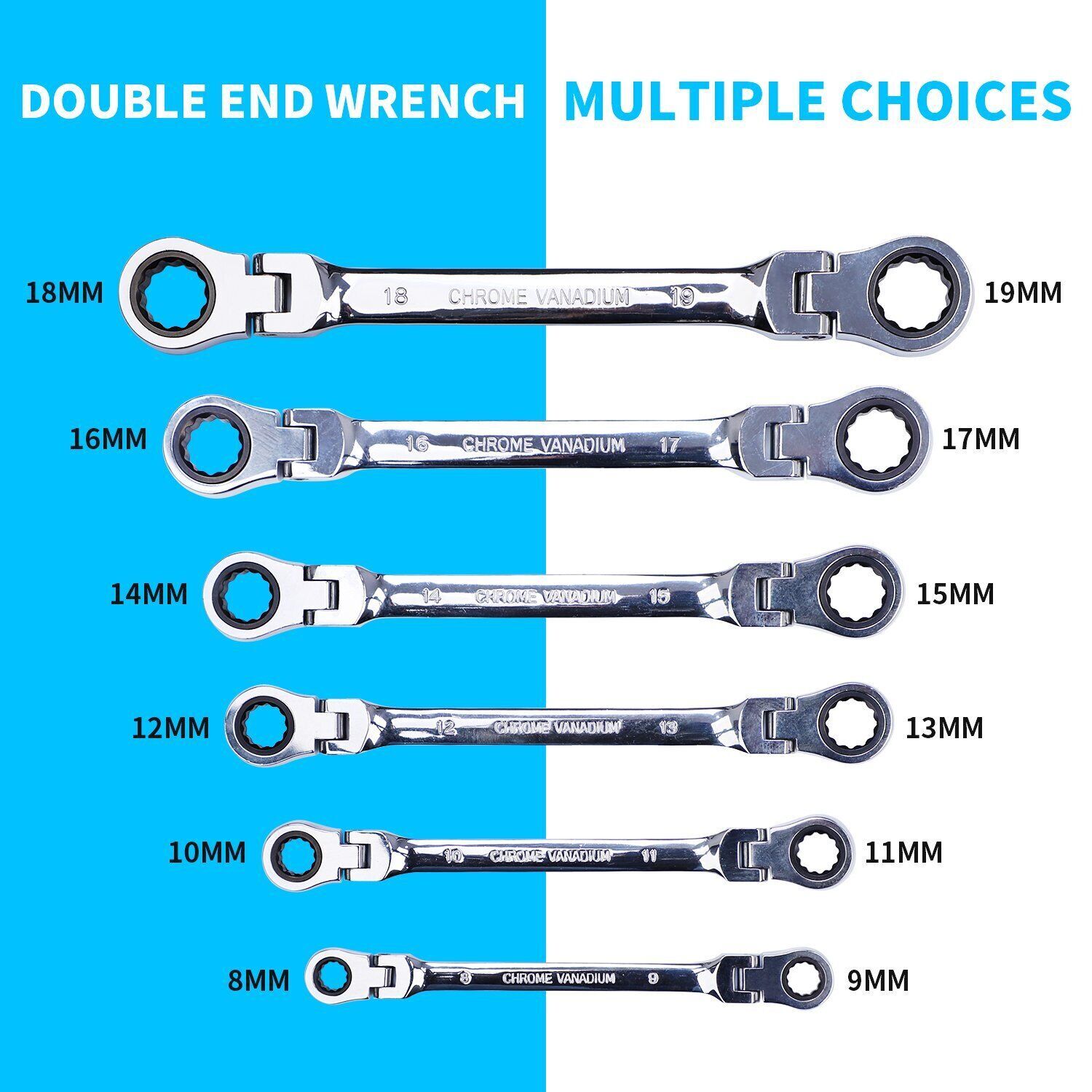 6 PC Spanner Set Metric Double Box End Ratcheting Wrench Flex-Head Extra Long