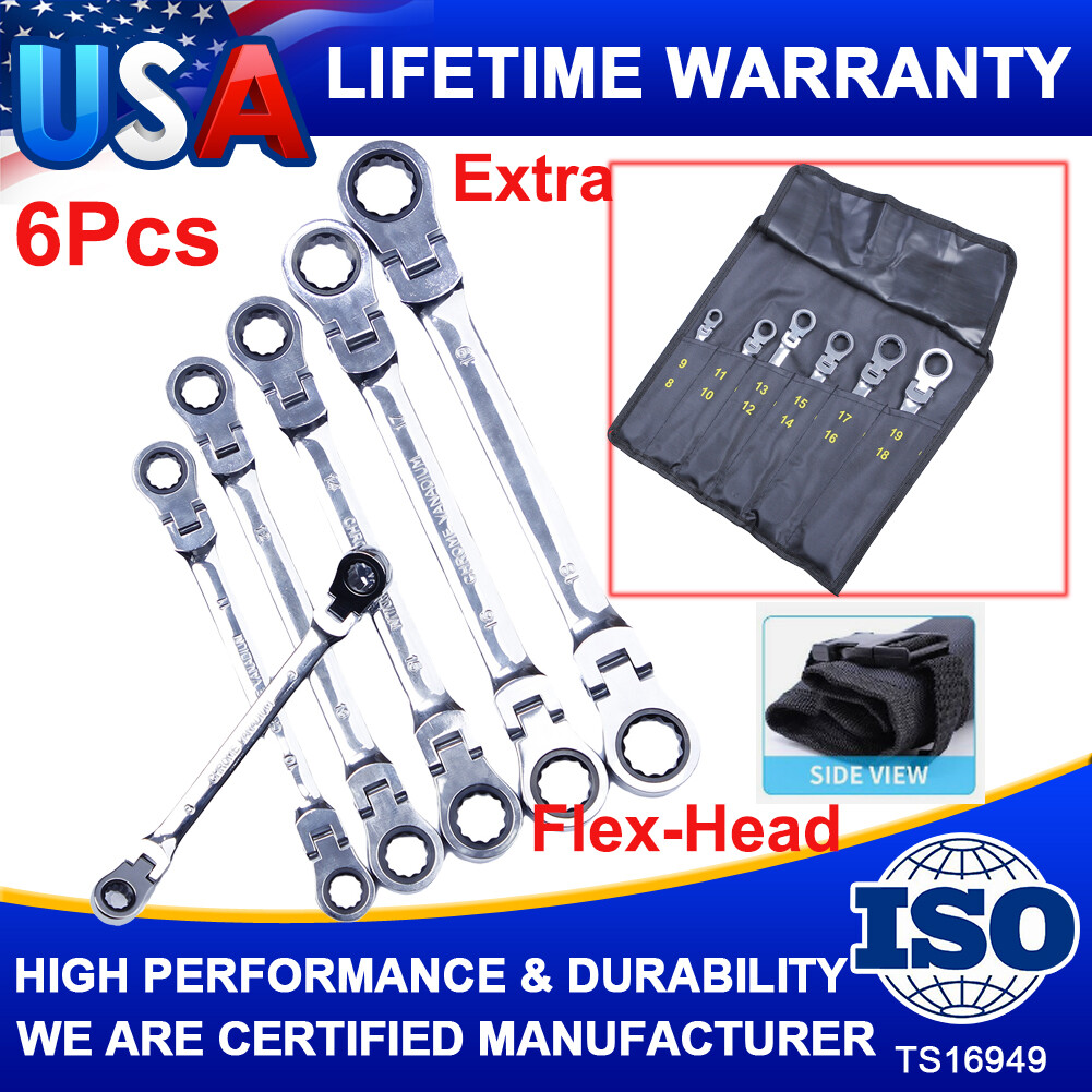 Extra Long Flex Head Ratcheting Wrench set, 6Pcs Double Box End Long Reach Ratch
