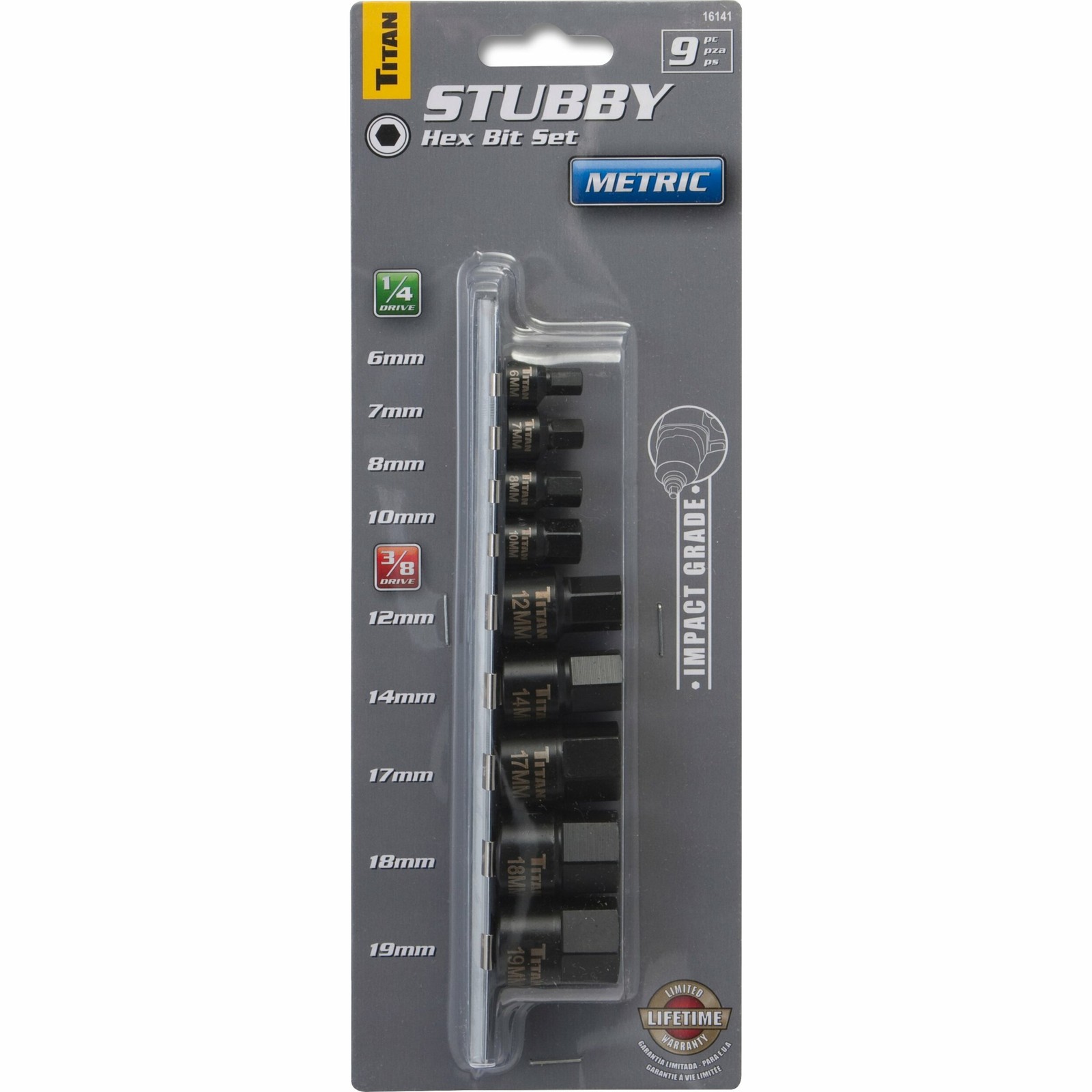 Titan 16141 9-pc 1/4 & 3/8 In Stubby Metric Hex Bit Socket Set