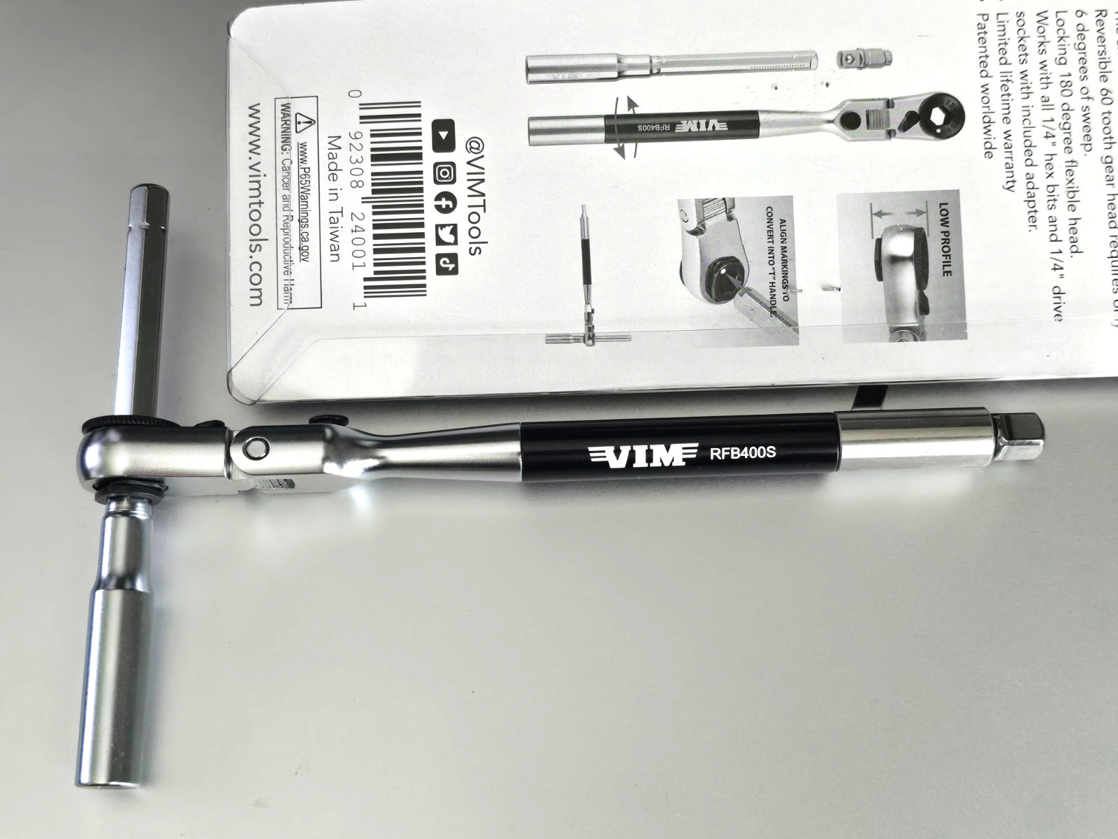 VIM Tools 3-Way 1/4″ Hex Long Handle locking Flex Head Ratchet/T-Handle #RFB400K