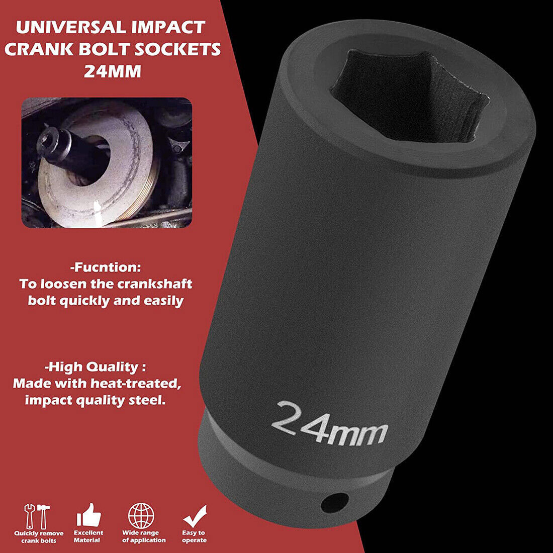 24mm Harmonic Balancer Socket for GM LS Engine Bolt Standard Impact Socket 77070