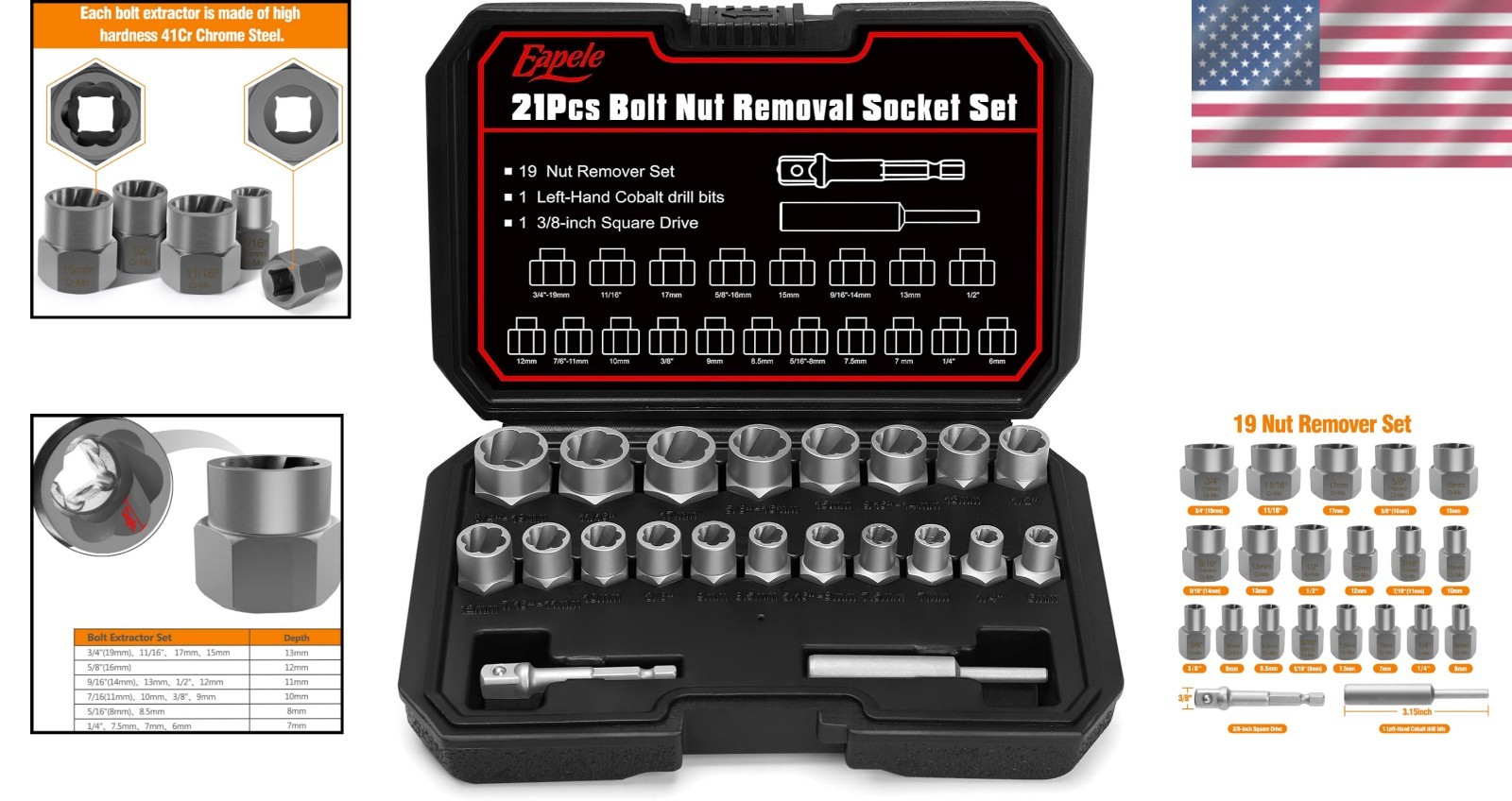 Portable Bolt Extractor Set: 21pcs Chrome Steel for Rusted & Stripped Fasteners