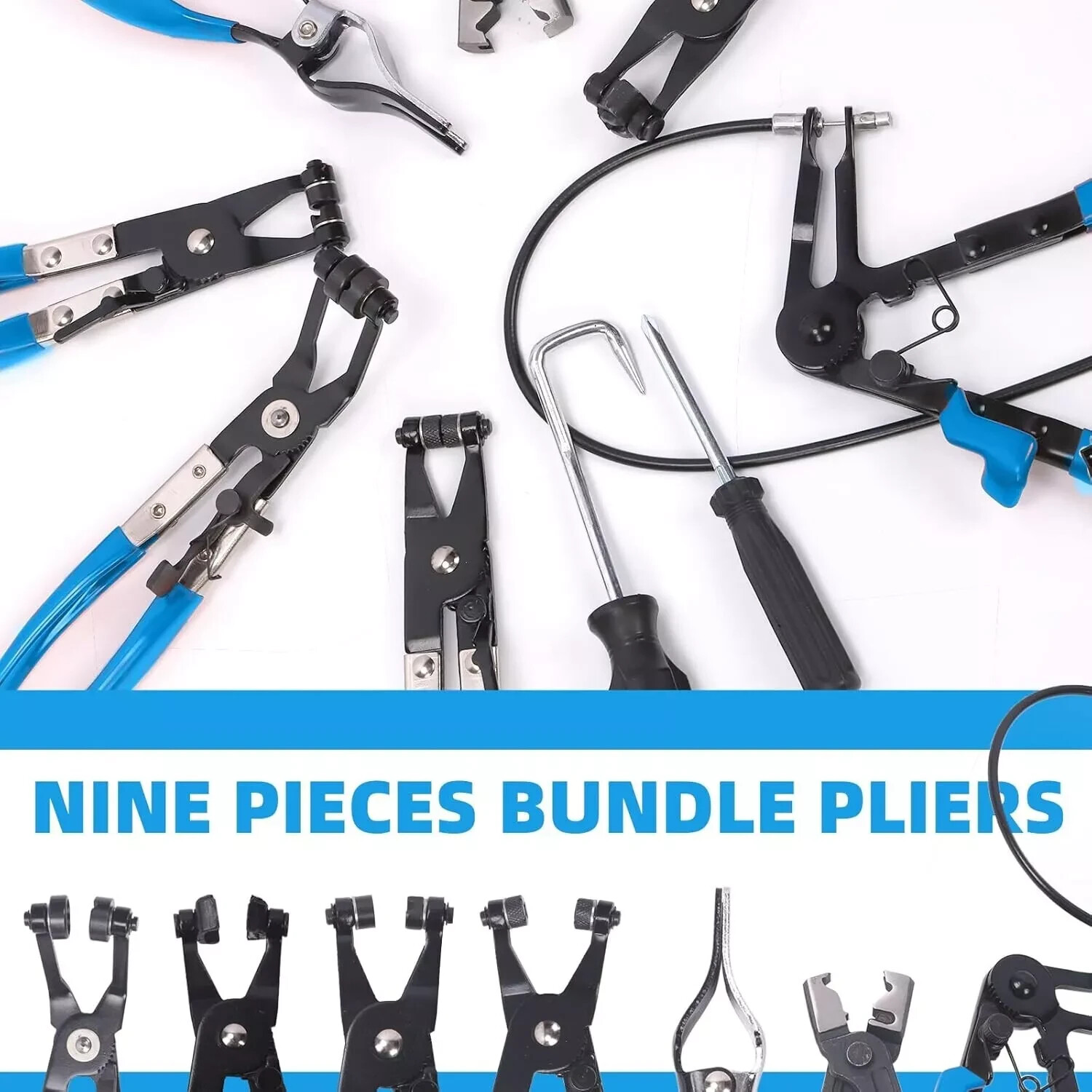 9pcs Wire Long Reach Hose Clamp Pliers Set Fuel Oil Water Hose Auto Tools Kit