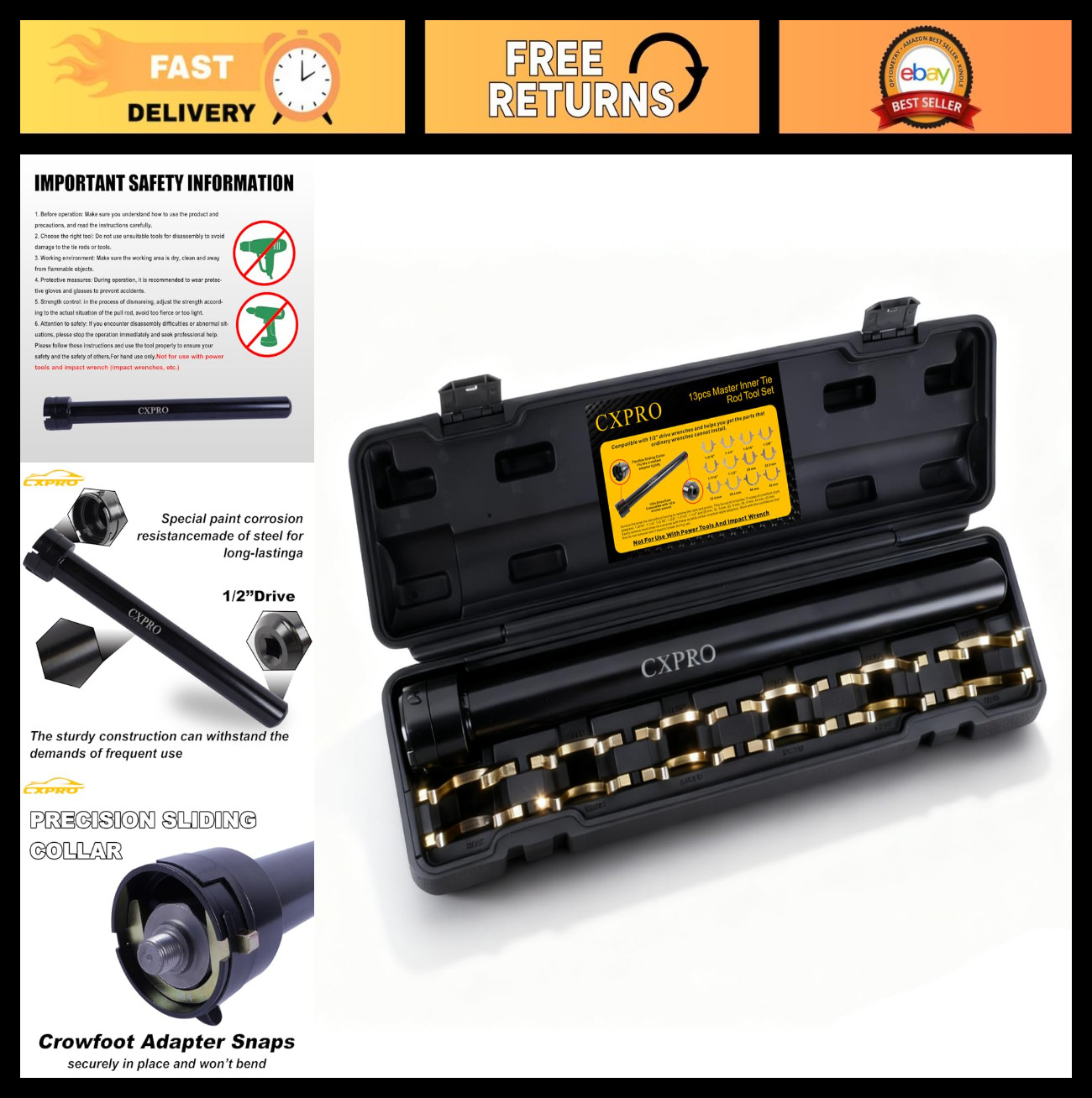 Inner Tie Rod Removal Tool Kit with 12 Crowfoot Adapters – 1/2″ Drive Set for Ca