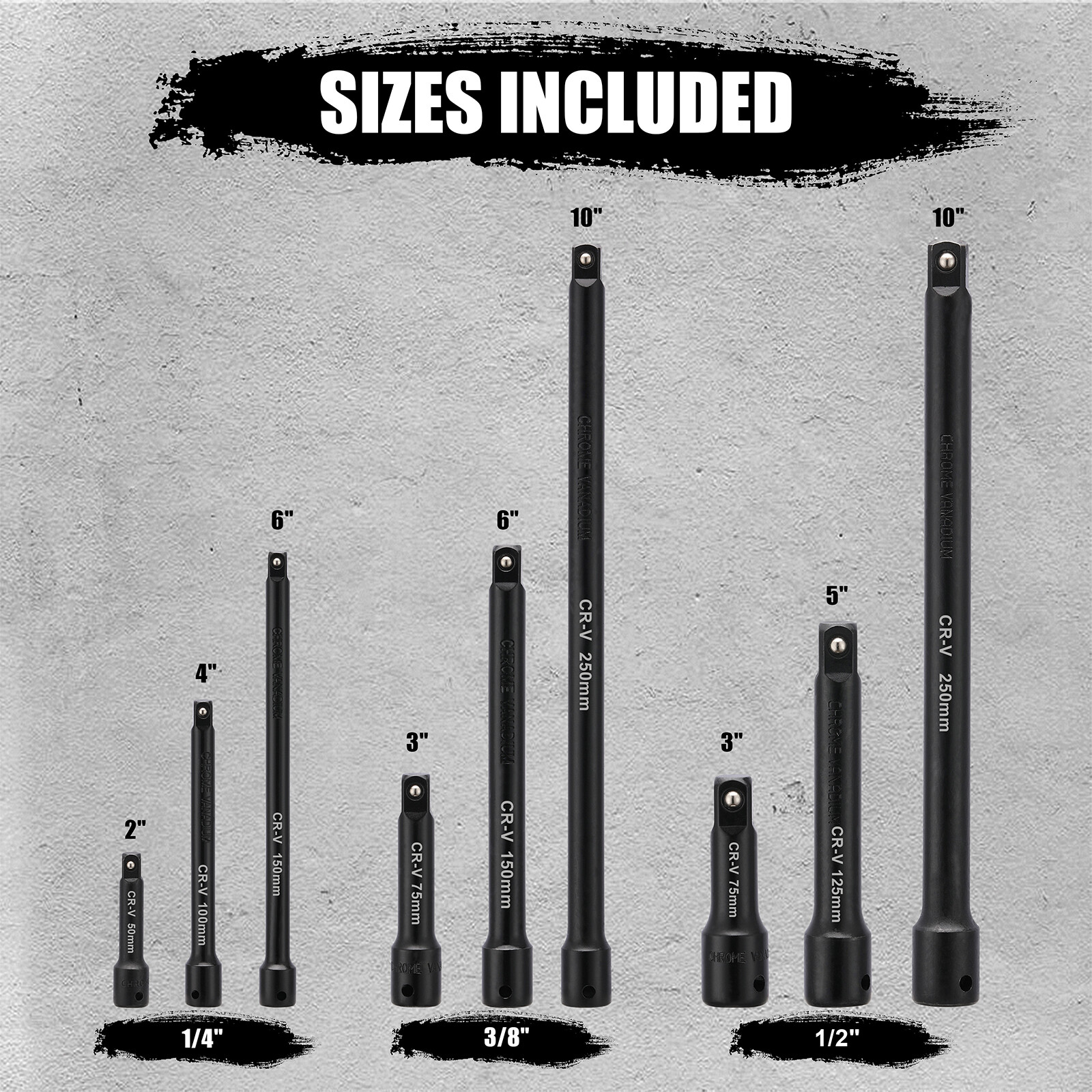 1/4″,3/8″,1/2″ Drive Extension Bar Set, CR-V, 9 PCS Socket Extension Bars