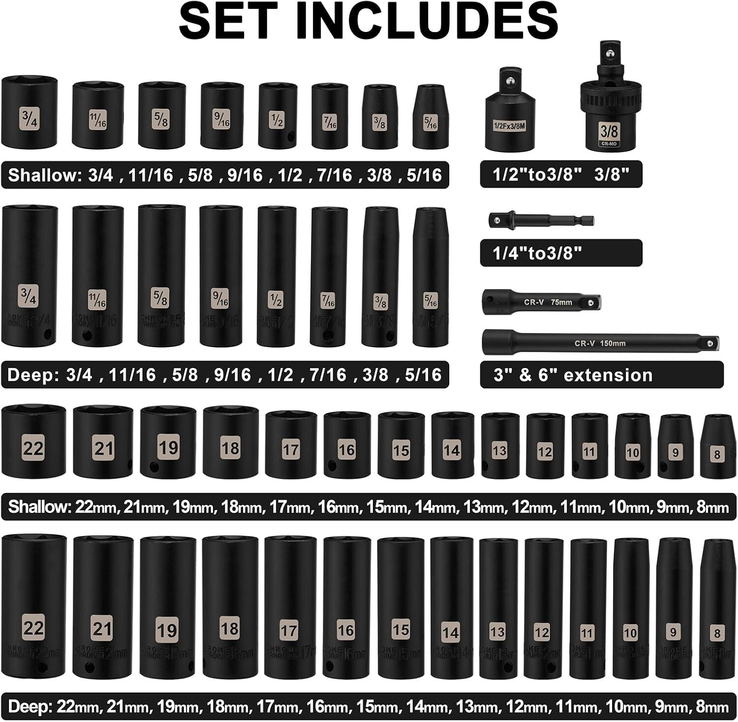 49 Pieces 3/8″ Drive Impact Socket Set 5/16″-3/4″ 8-22MM SAE/Metric 6 Point CR-V
