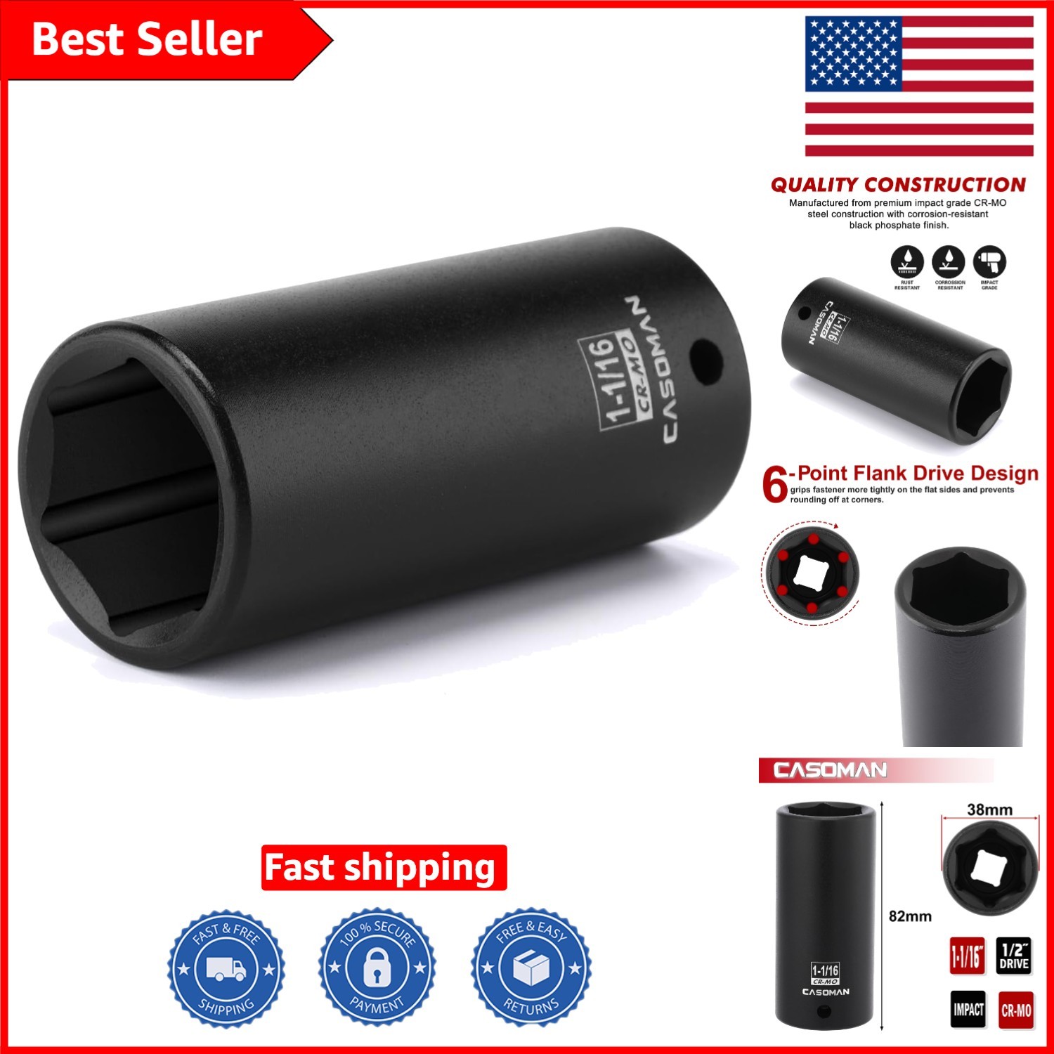 1/2-Inch x 1-1/16″ Deep Impact Socket – High Visibility Laser-Etched Markings