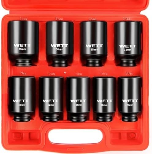 1/2″ Drive Deep Large Impact Socket Set, 9-Piece Spindle Axle Nut Metric 6 Point